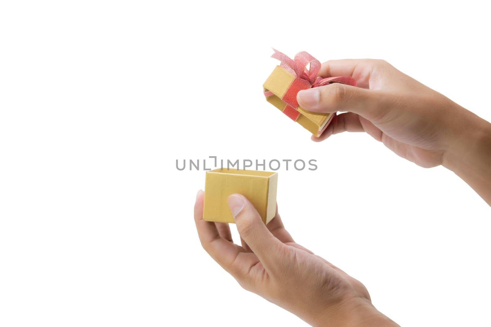 Hand open yellow gift box with lid isolated on white background, hand giving presents of birthday for surprise in anniversary, romance and love, feeling happy, Valentine or Christmas day concept.