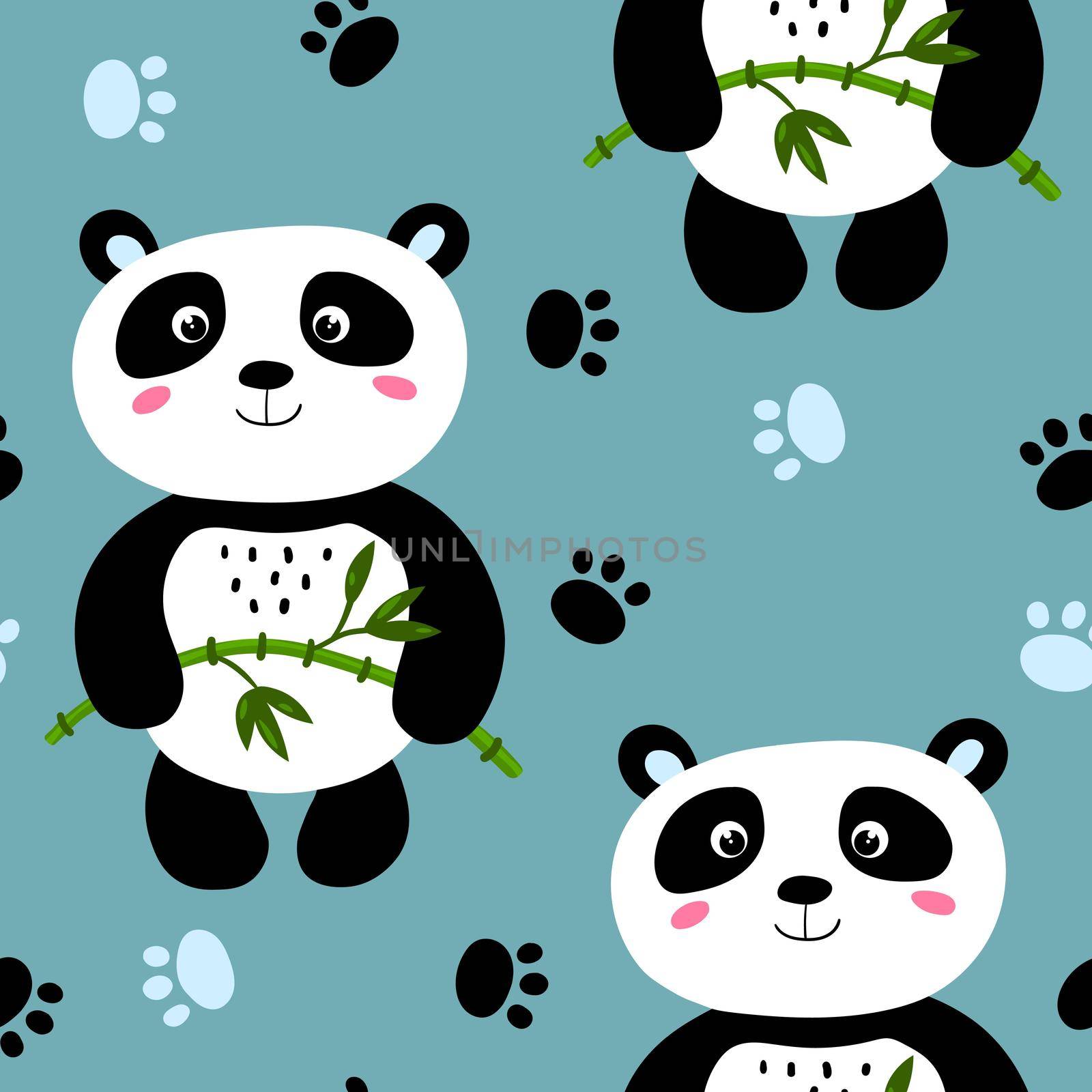 Seamless pattern with cute panda baby on color background. Funny asian animals. Card, postcards for kids. Flat vector illustration for fabric, textile, wallpaper, poster, gift wrapping paper by allaku