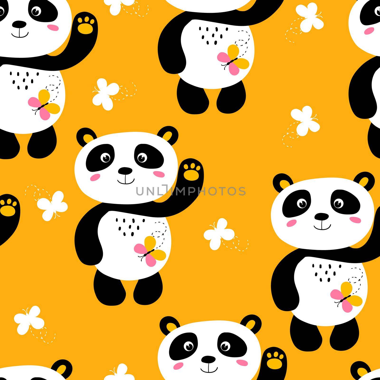 Seamless pattern with cute panda baby on color background. Funny asian animals. Card, postcards for kids. Flat vector illustration for fabric, textile, wallpaper, poster, gift wrapping paper. by allaku