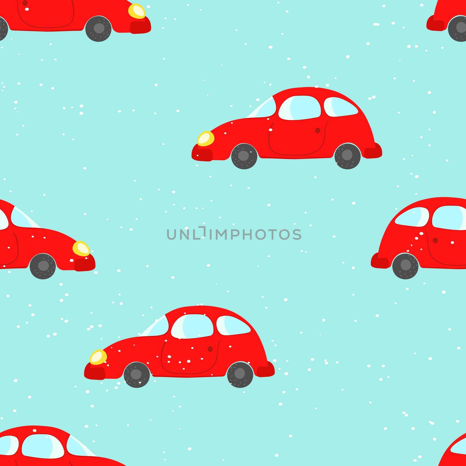 Seamless pattern with cute cars on blue background. Cartoot transport. Vector illustration. Doodle style. Design for baby print, invitation, poster, card, fabric, textile.