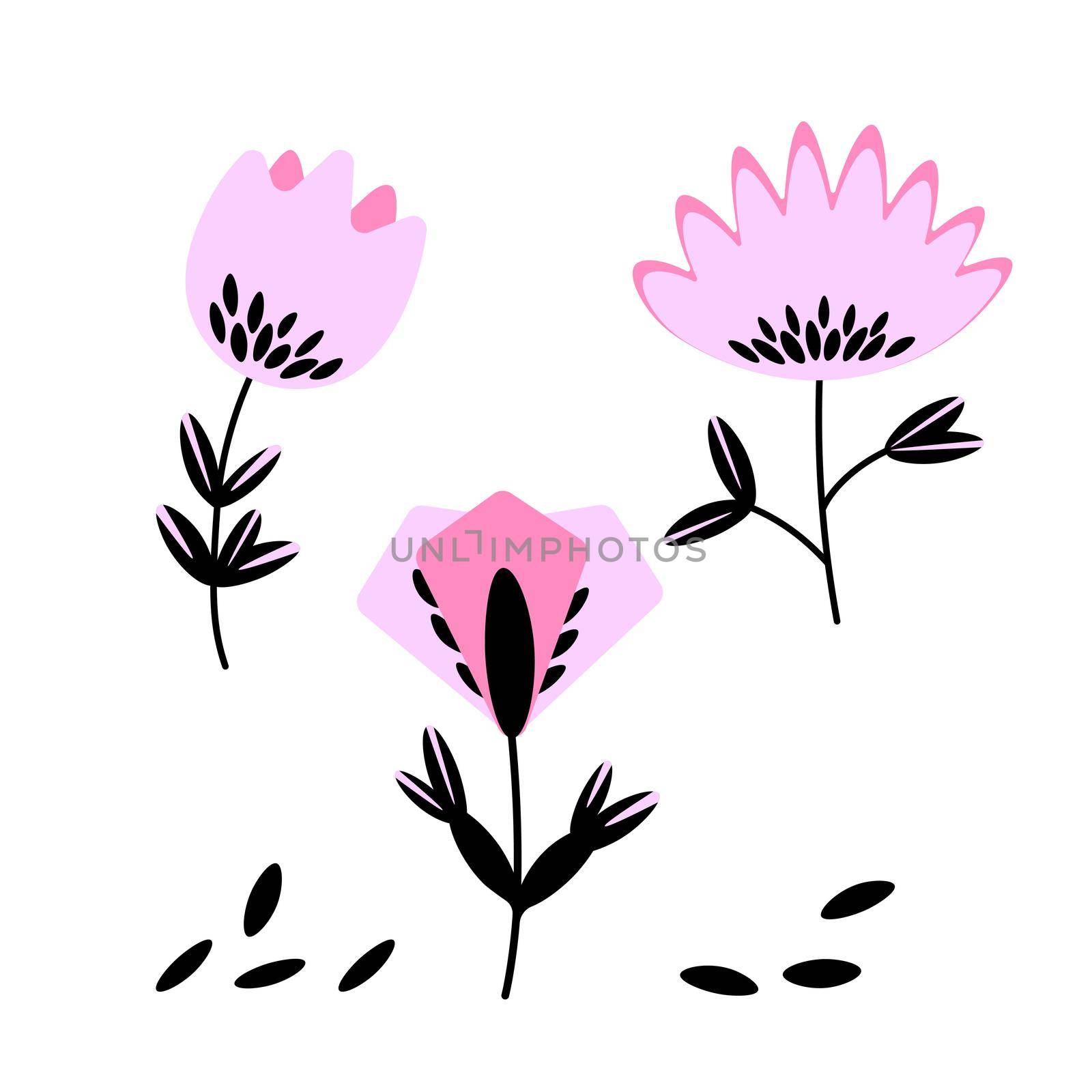 Floral set based on traditional folk art ornaments. Isolated pink and black flowers. Scandinavian style. Sweden nordic style. Vector illustration. Simple minimalistic nature element. by allaku