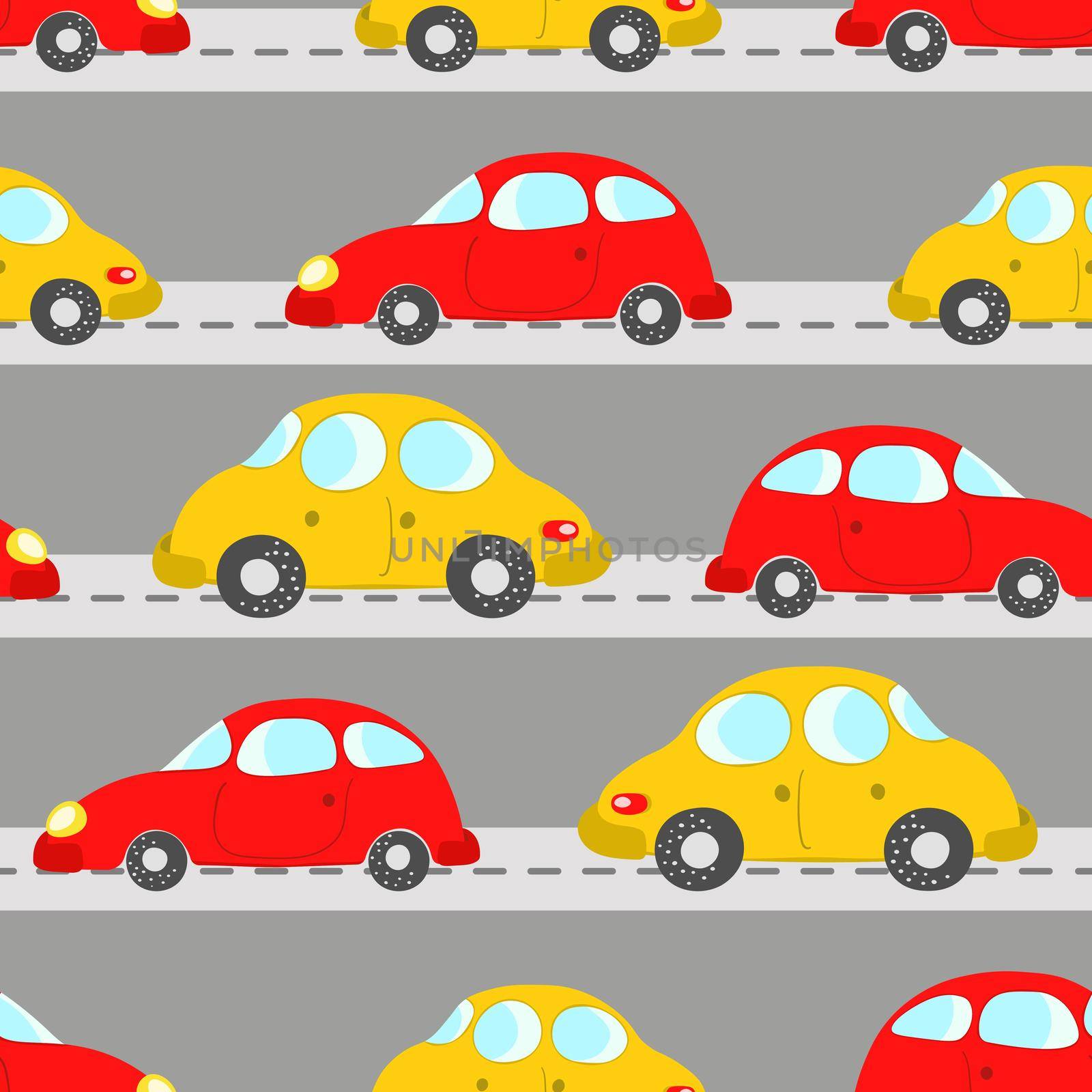 Seamless pattern with cute cars on blue background. Cartoot transport. Vector illustration. Doodle style. Design for baby print, invitation, poster, card, fabric, textile by allaku