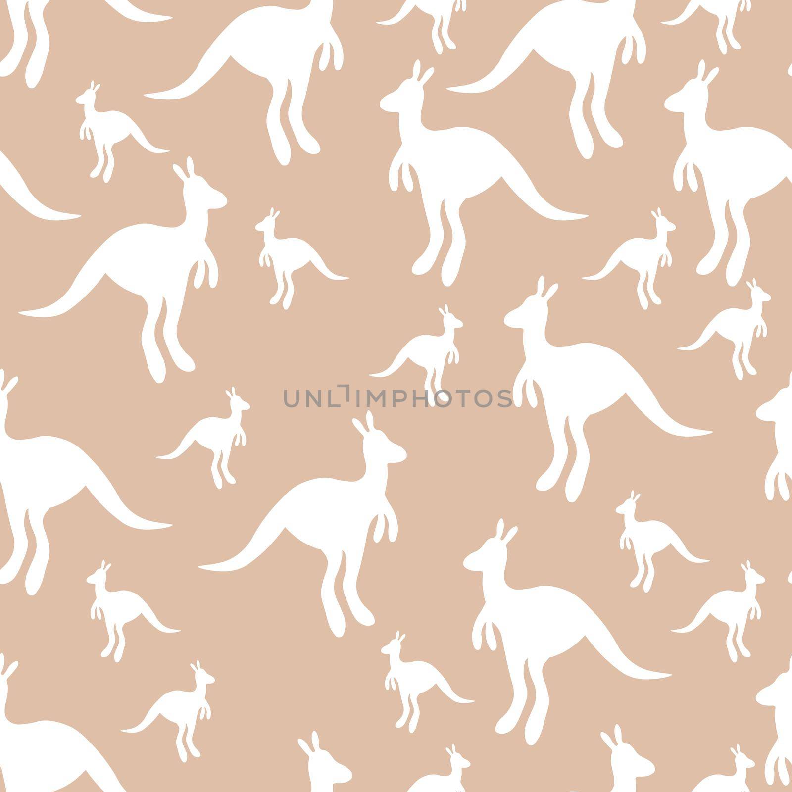 Vector flat illustration with silhouette kangaroo and baby kangaroo on fiery background. Seamless pattern on beige background. Design for card, poster, fabric, textile. Pray for Australia and animals by allaku