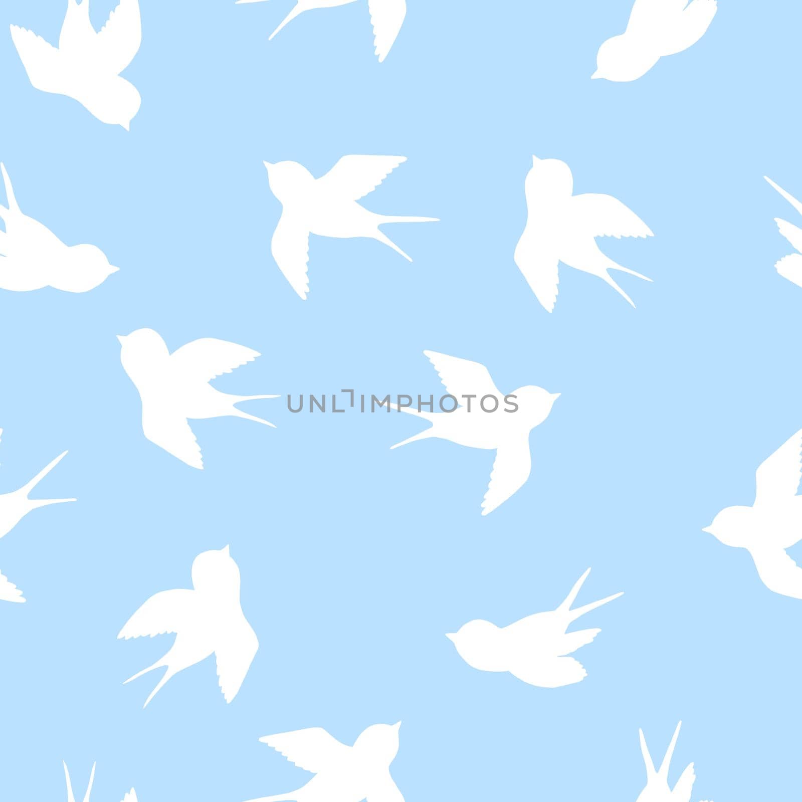 Seamless pattern with white swallow silhouette on blue background. Cute bird in flight. Vector illustration. Doodle style. Design for invitation, poster, card, fabric, textile by allaku