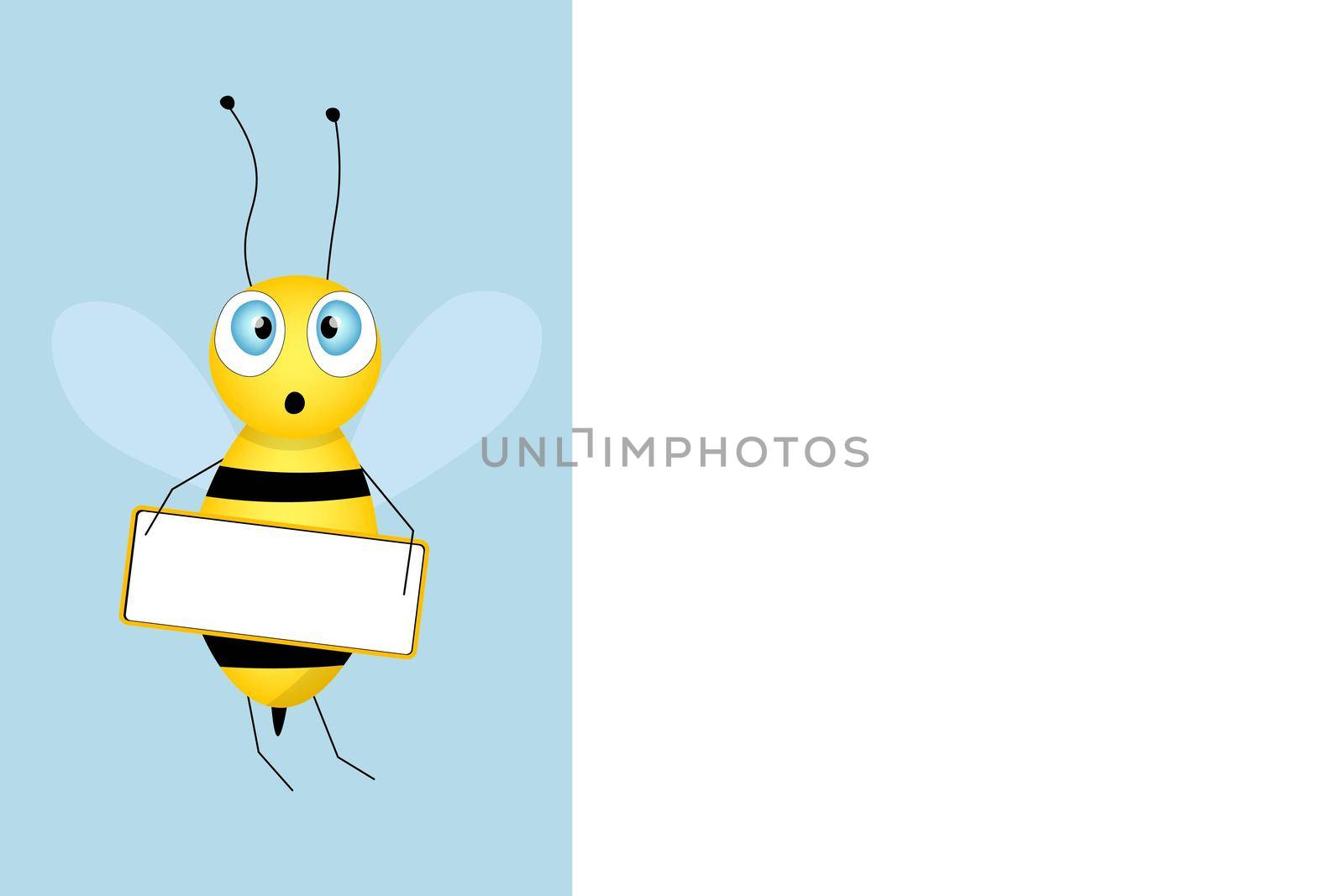 Cartoon cute bee mascot. Merry bee with an empty table. Small wasp. Vector character. Insect icon. Holiday template design for invitation, cards, wallpaper, school, kindergarten. Copy space