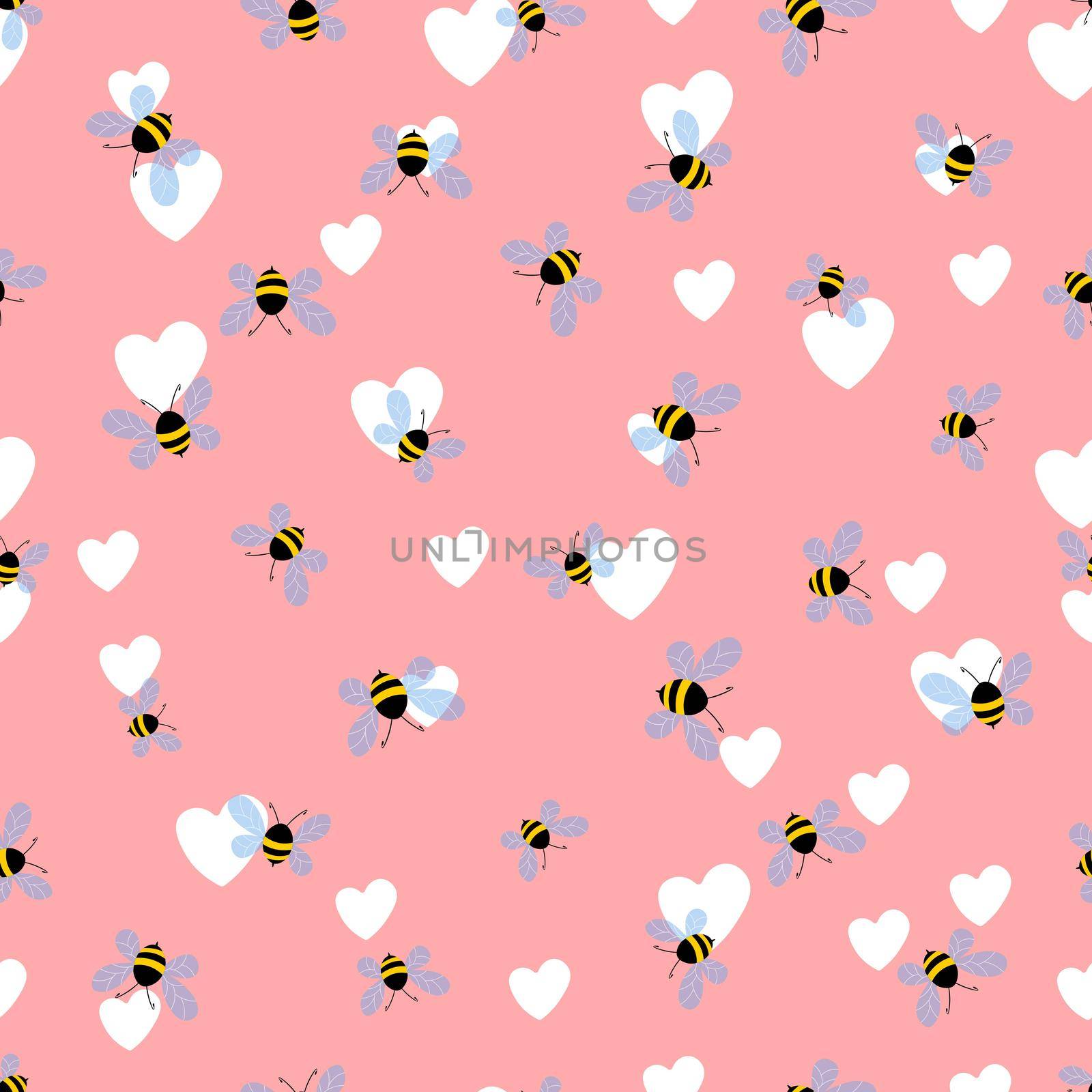 Seamless pattern with bees and hearts on color background. Small wasp. Vector illustration. Adorable cartoon character. Template design for invitation, cards, textile, fabric. Doodle style. by allaku