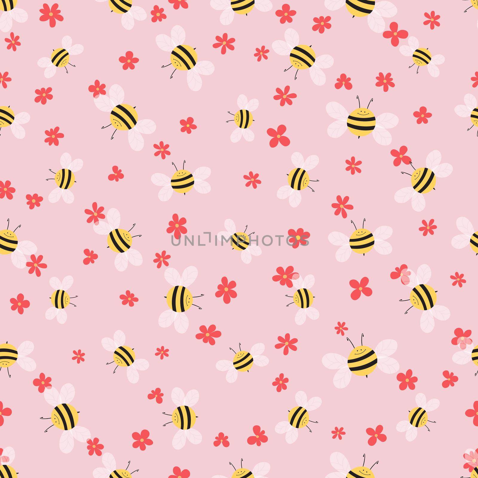 Seamless pattern with bees and flowers on color background. Adorable cartoon wasp characters. Template design for invitation, cards, textile, fabric. Doodle style. Vector stock illustration
