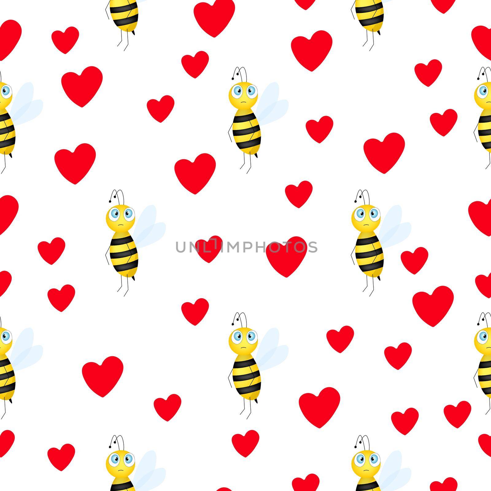 Seamless pattern with bees and hearts on white background. Small wasp. Vector illustration. Adorable cartoon character. Template design for invitation, cards, textile, fabric. Doodle style. by allaku