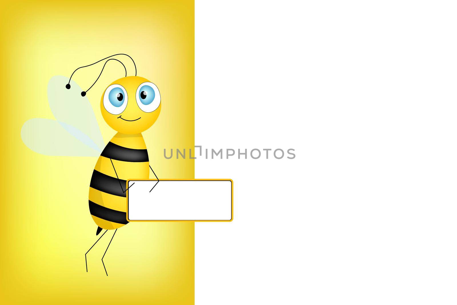 Cartoon cute bee mascot. Merry bee with an empty table. Small wasp. Vector character. Insect icon. Holiday template design for invitation, cards, wallpaper, school, kindergarten. Copy space. by allaku