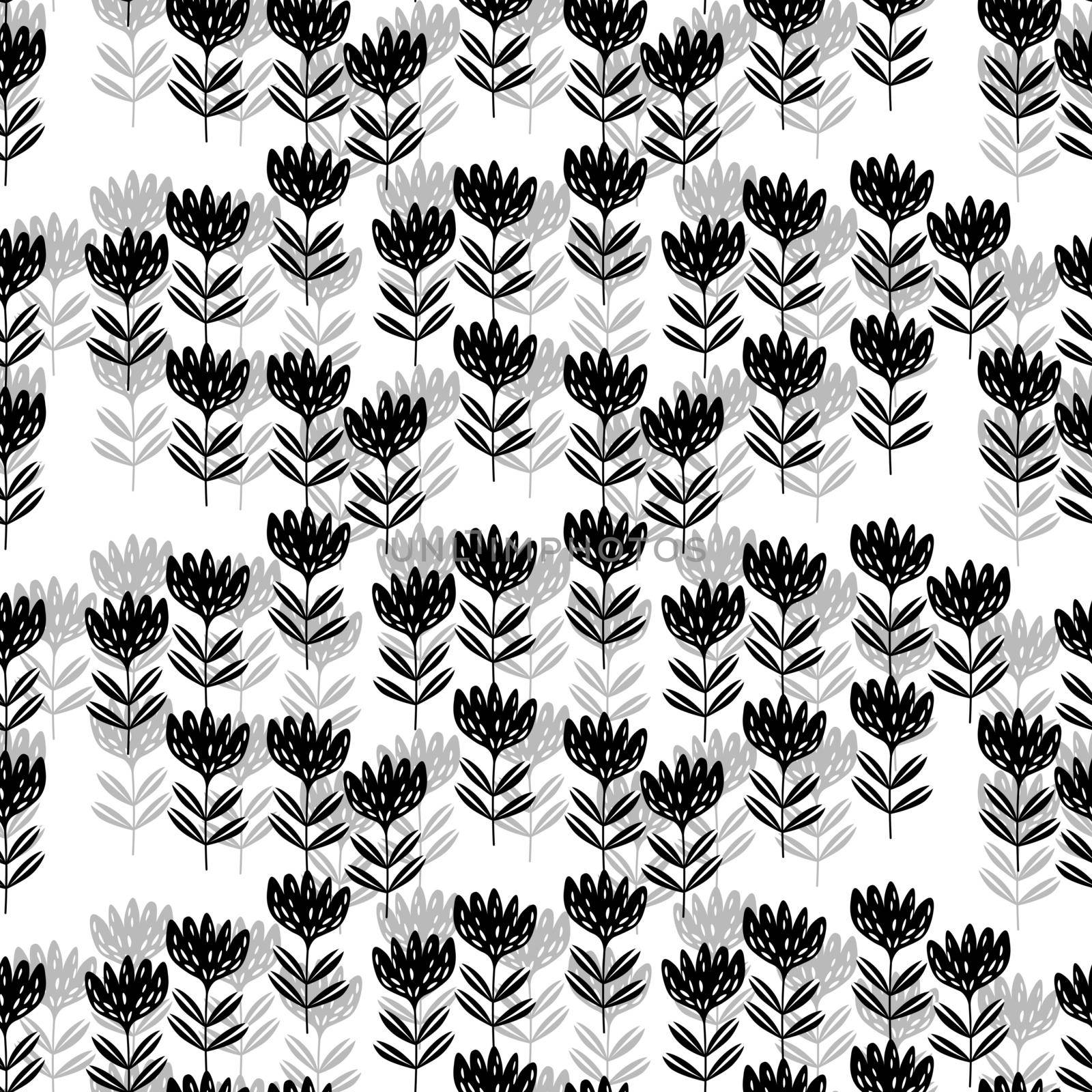 Seamless floral pattern based on traditional folk art ornaments. Black flowers on white background. Scandinavian style. Sweden nordic style. Vector illustration for fabric, textile, wallpaper. by allaku