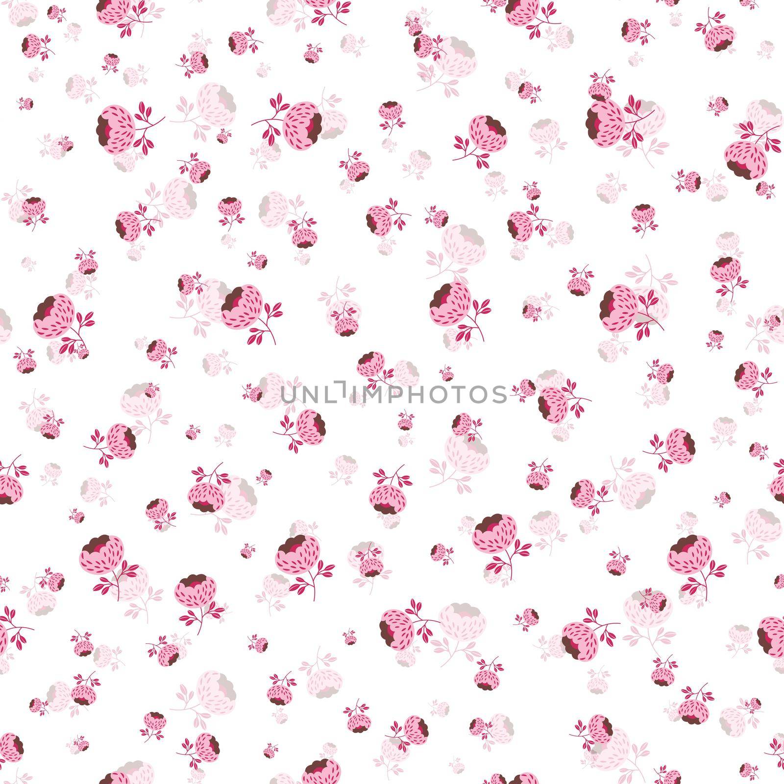 Seamless floral pattern based on traditional folk art ornaments. Pink and white flowers on light background. Scandinavian style. Sweden nordic style. Vector illustration. Simple minimalistic pattern. by allaku