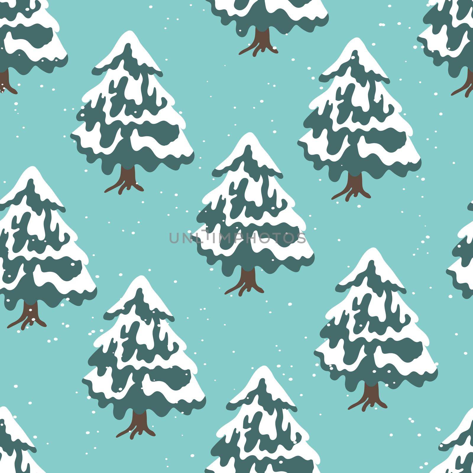 Winter seamless pattern with Christmas tree and snowflakes on color background. Vector illustration for fabric, textile wallpaper, posters, gift wrapping paper. Merry Christmas and New year Vector. by allaku