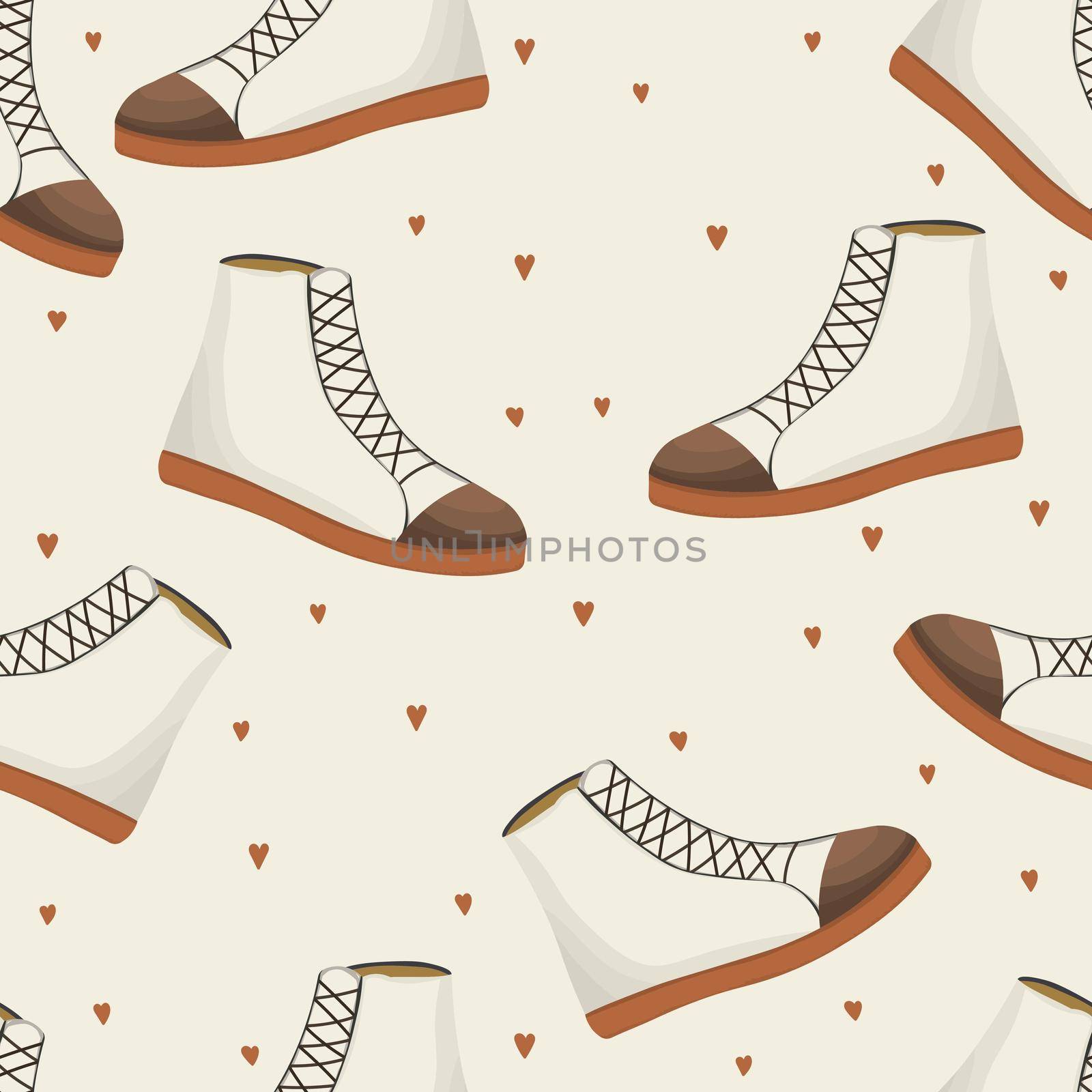 Seamless pattern with light beige womens shoes. Sneakers in flat style. Leather boots side view. Flat design. Youth modern model. Casual style. Vector illustration.