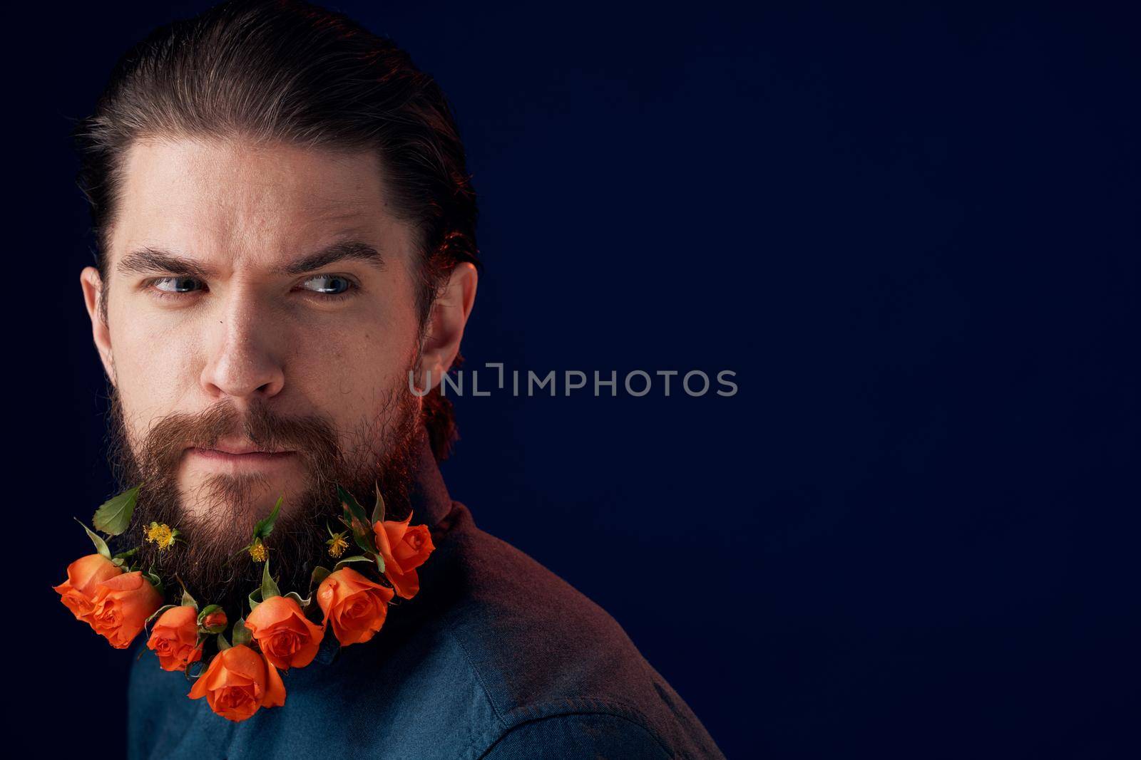 Man beard flowers decoration romance gift dark background by SHOTPRIME