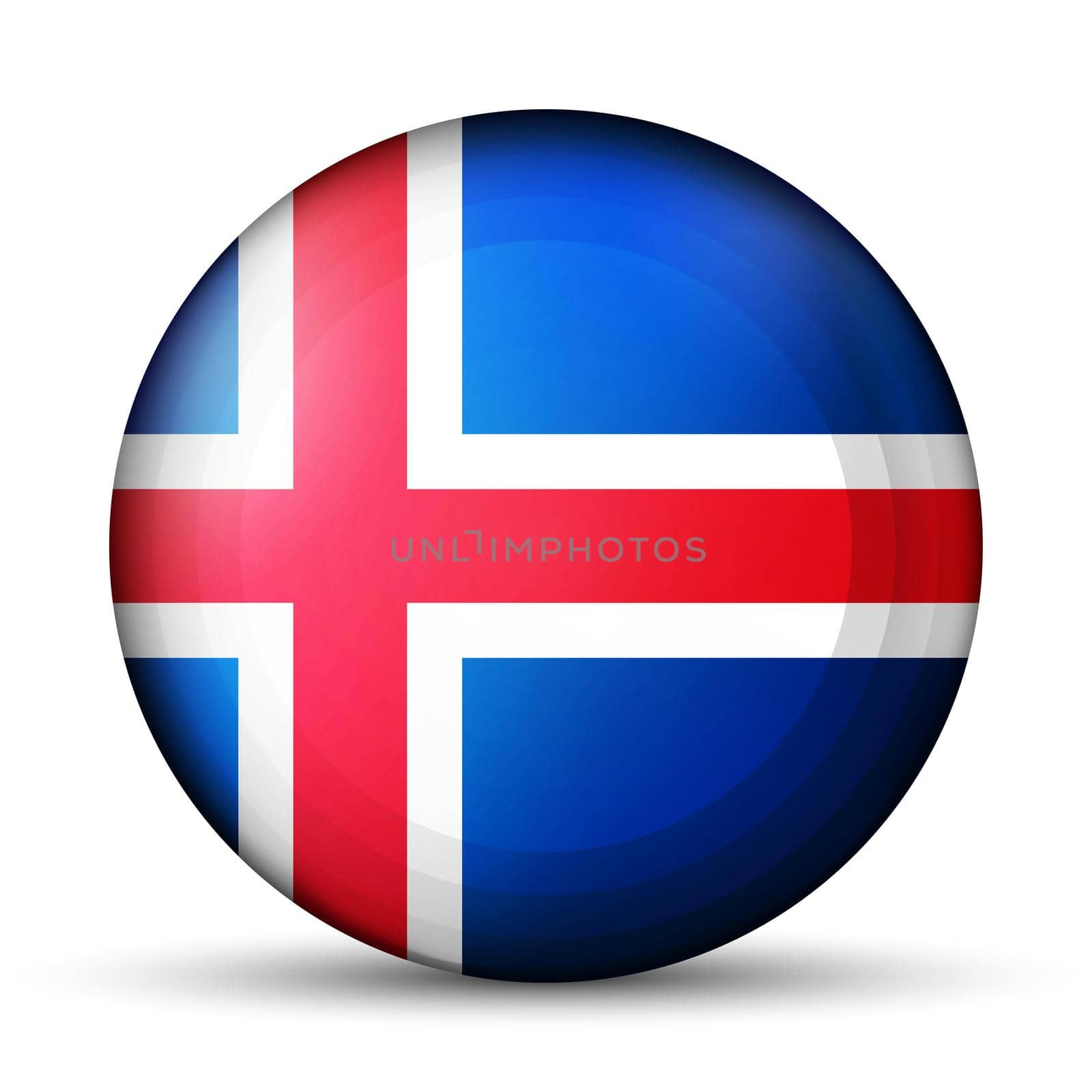 Glass light ball with flag of Iceland. Round sphere, template icon. Icelandic National symbol. Glossy realistic ball, 3D abstract vector illustration highlighted on a white background. Big bubble. by allaku