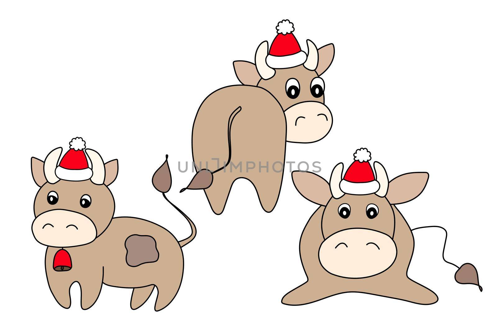 Bull in a winter hat. Vector animal illustrationfor kids. Template adorable character for your design. Colorful cartoon cute cow. New Year and Christmas symbol 2021. Isolated icons.