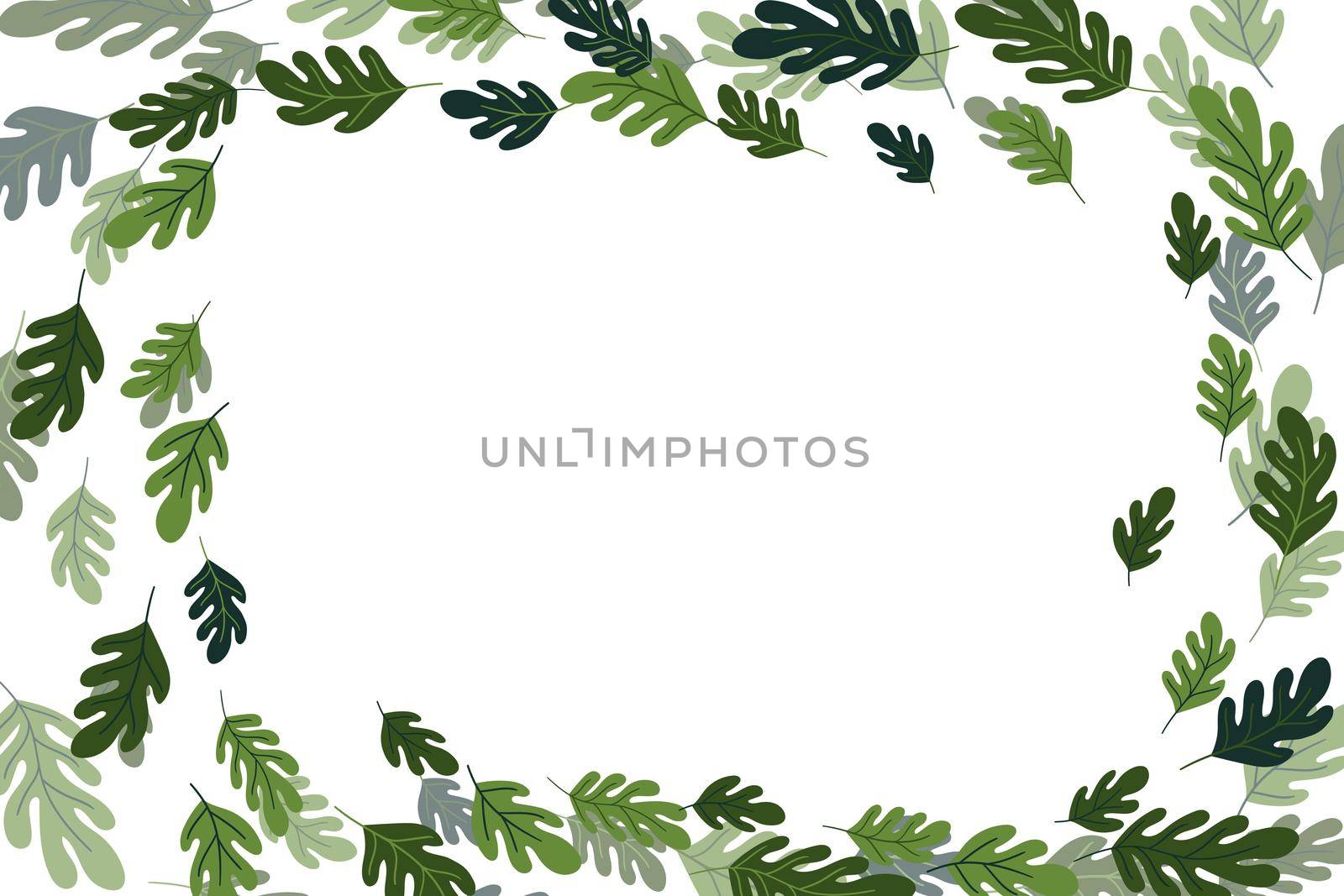 Floral frame with colorful exotic branches on white background. Ornate border with tropic leaves. Vector stock illustration for wallpaper, posters, card. Doodle style. Copy space