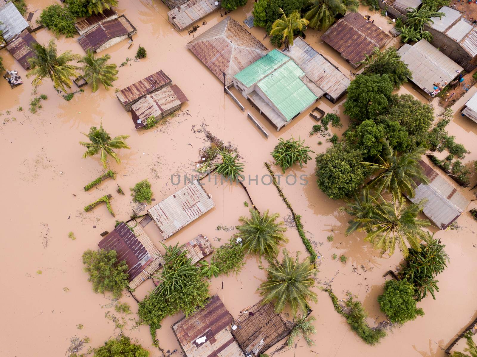 Aerial view overhead flooded houses after a cyclone
