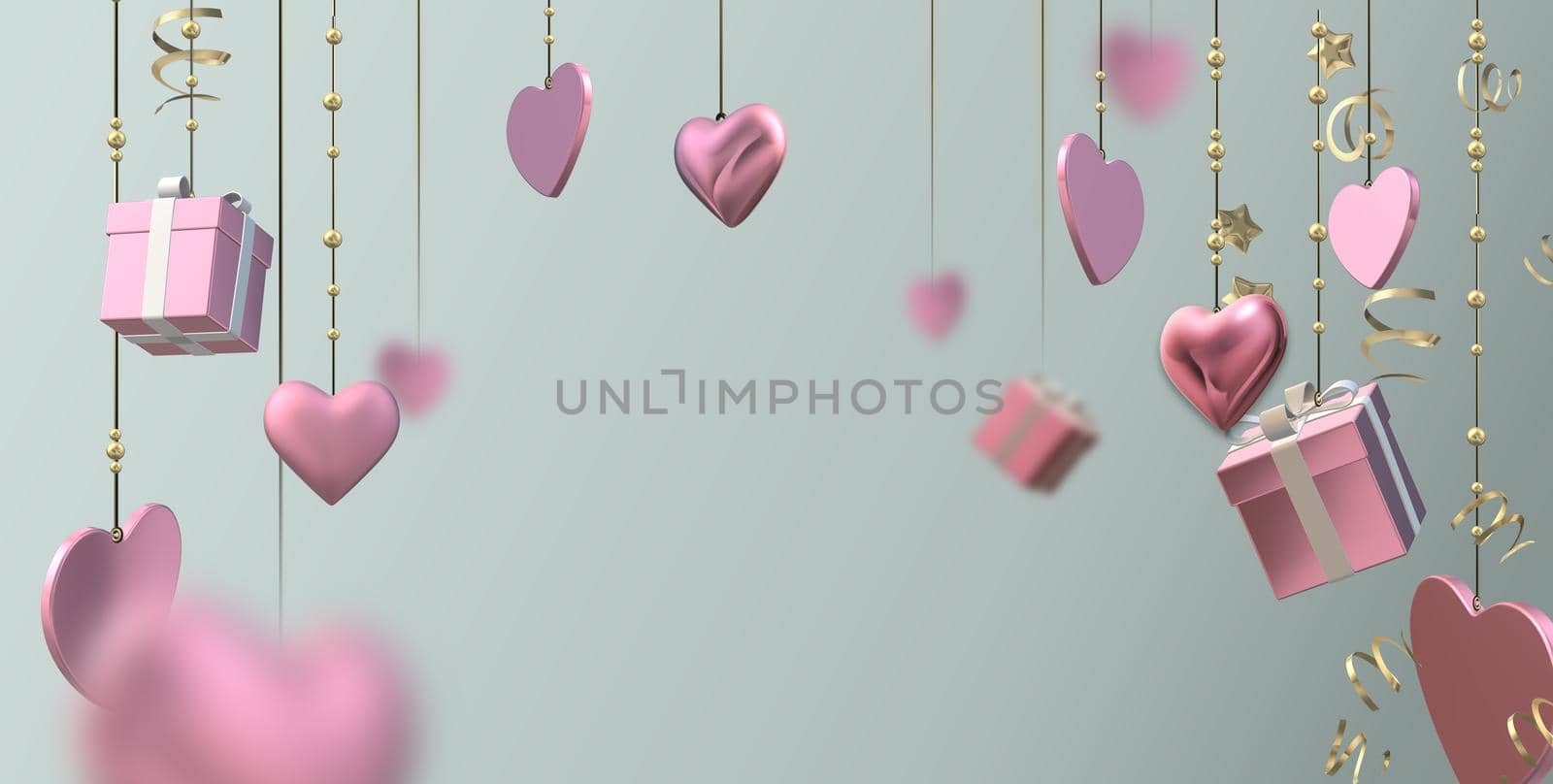 Pink hanging hearts, 3D gift boxes, confetti on pastel green background. Valentines, Love, party invitation, mothers day, 8th March, wedding, greeting card. 3D illustration