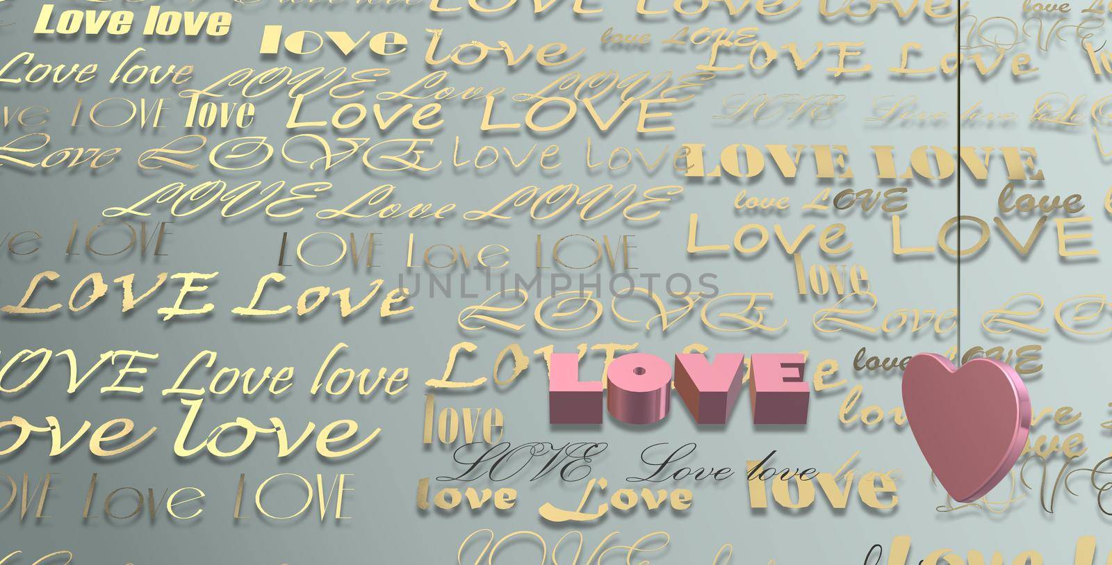 Word LOVE on gold green pastel background, 3D pink heart. Valentines, Love, party invitation, mothers day, 8th March, wedding, greeting card. Place for text. Elegant love design. 3D render