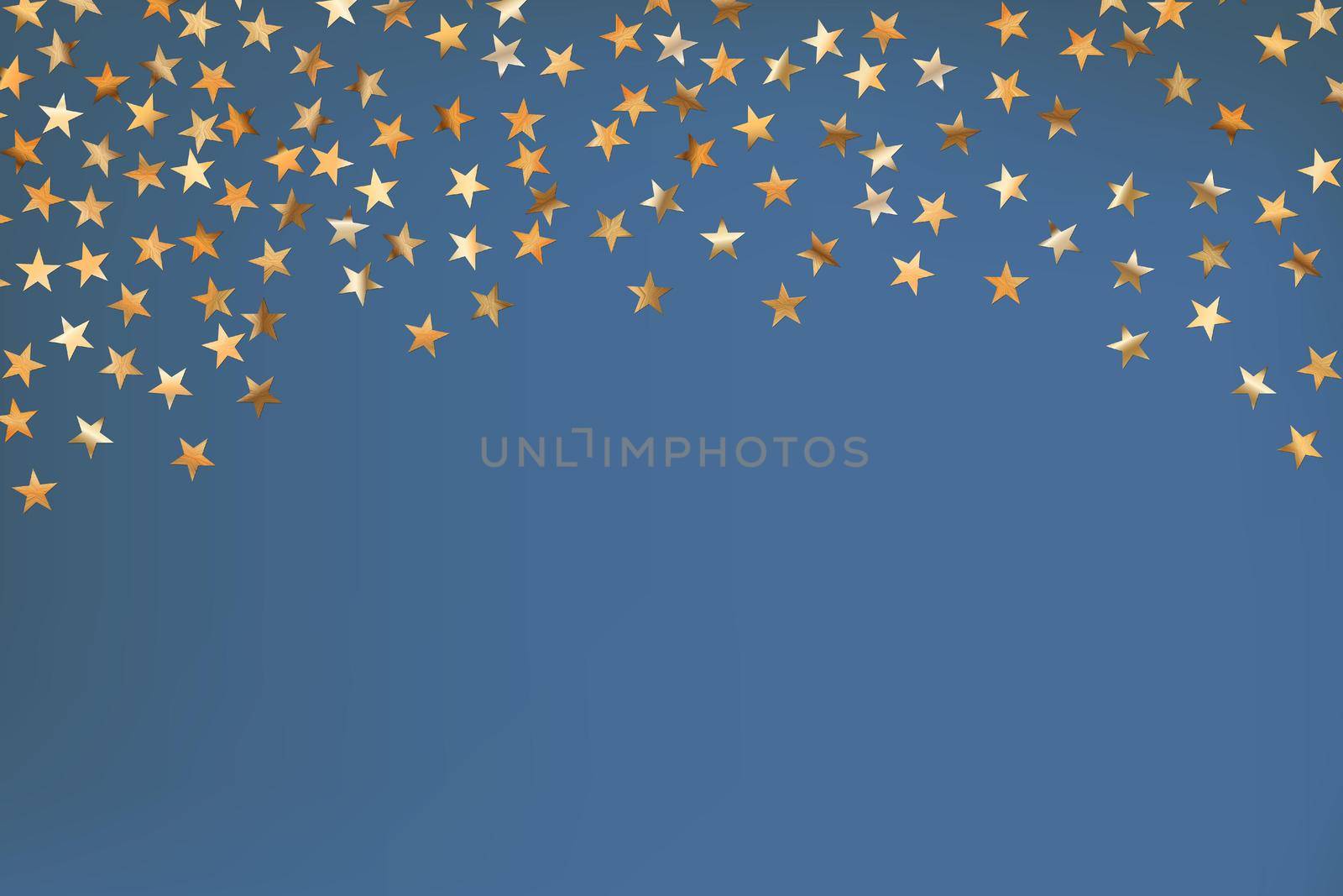 Stars golden glitter confetti isolated on blurred abstract blue background. Festive holiday background. Celebration concept. Falling magic gold particles. Invitation mock up. Top view, flat lay