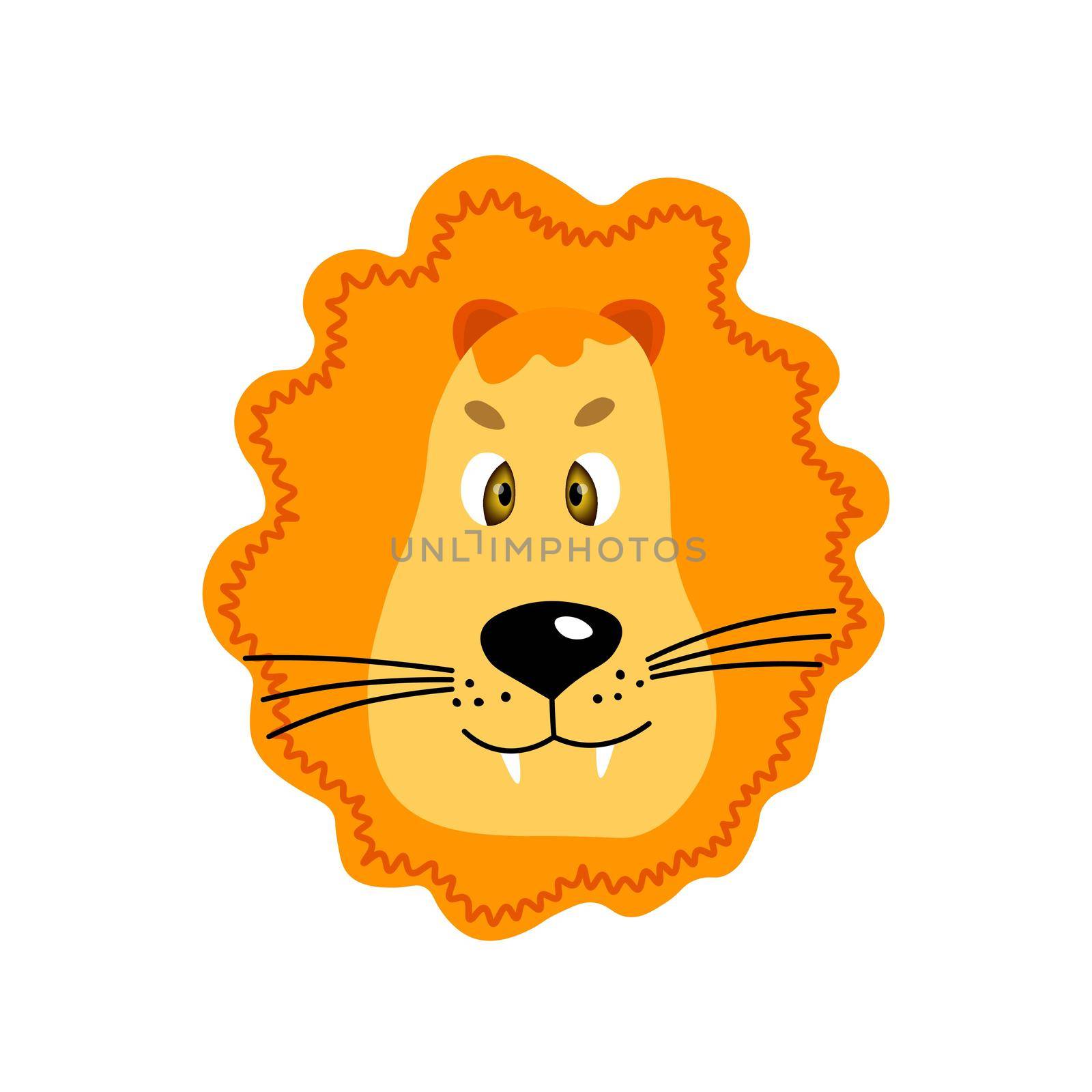 Colorful cute vector lion face. One object on a white background. Cartoon flat illustration. Emoji funny animal. Embarrassed smile emotion. Template icon. Logo, sticker.