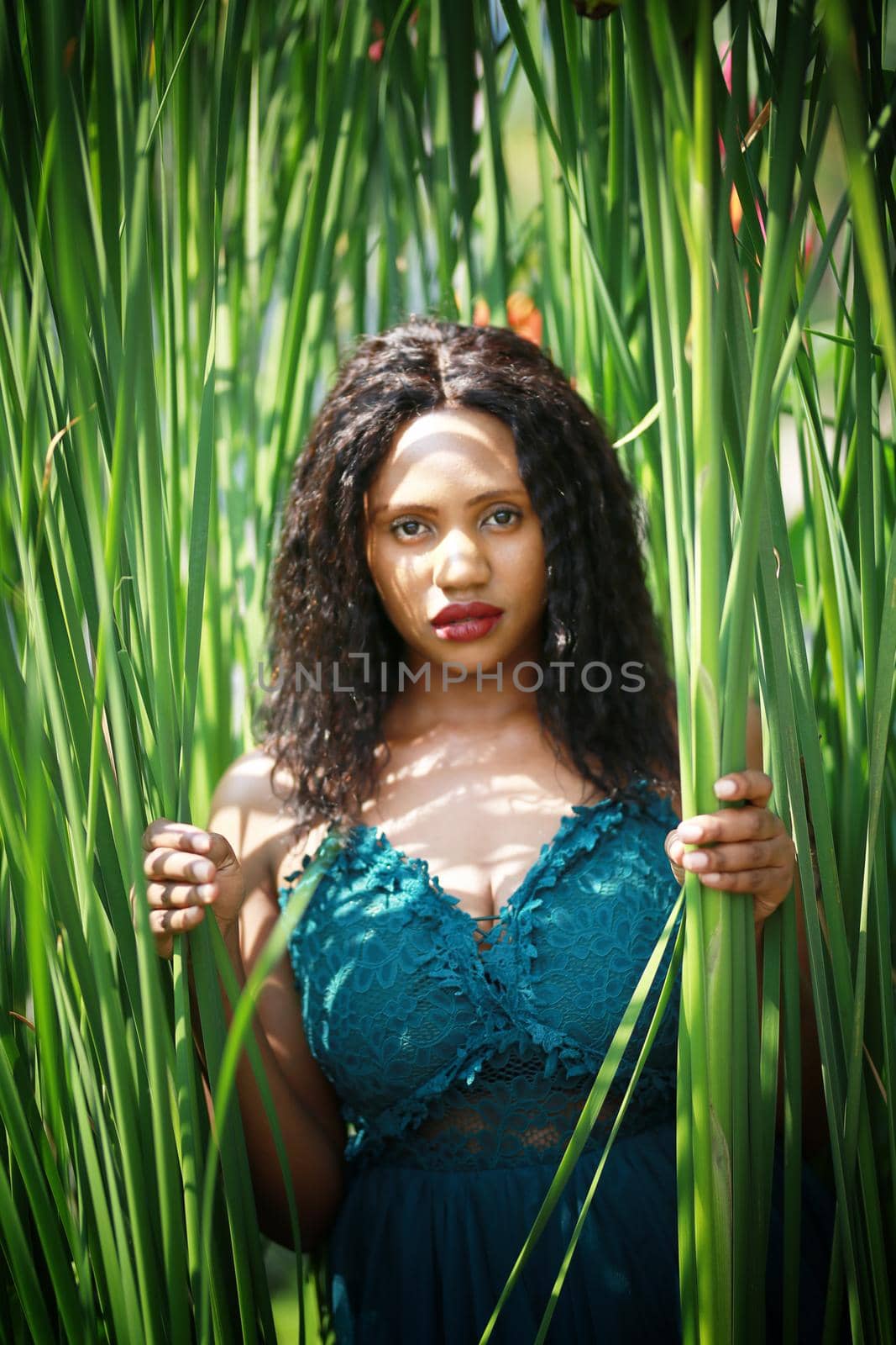 Cheerful young woman standing among tropical leaf.