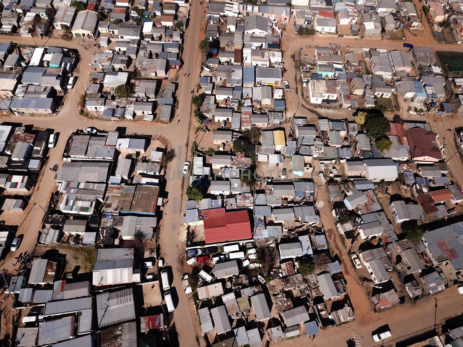 Aerial view over a township in South Africa