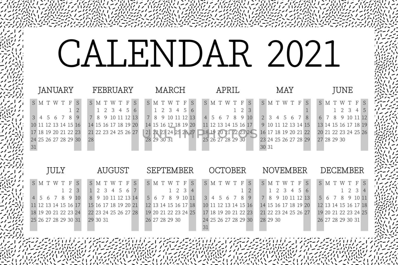 2021 calendar planner with border. Сorporate week. Template layout, 12 months yearly, white and black background. Simple design for business. Week starts from Sunday.