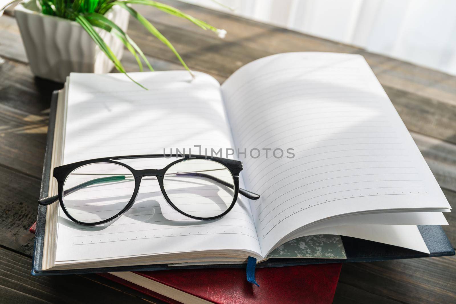 Reading glasses put on open book by stoonn