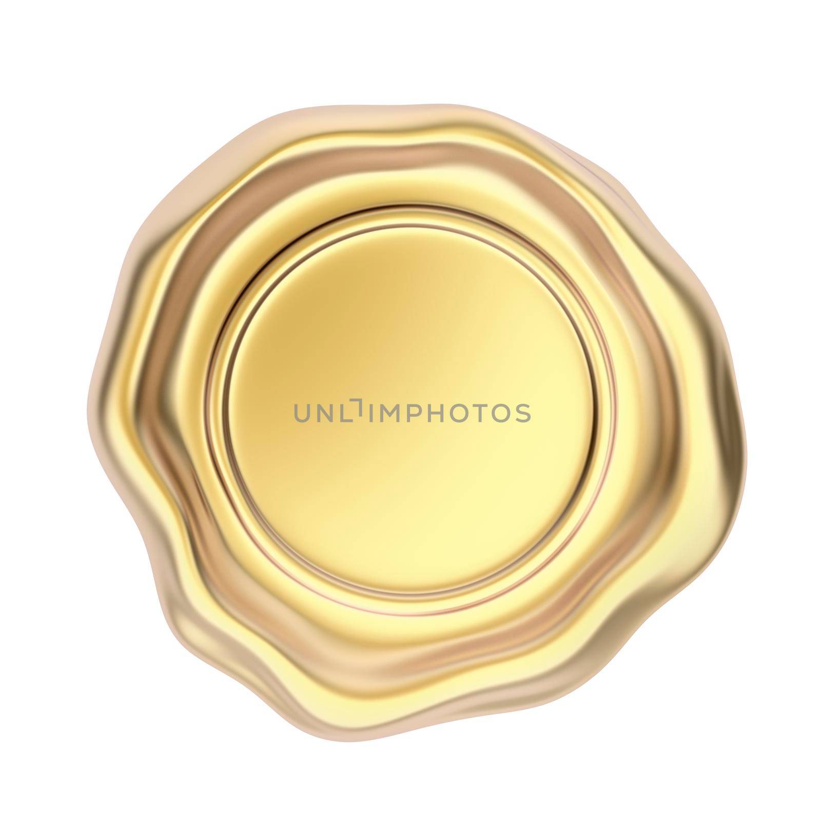 Gold colored wax seal isolated on white background
