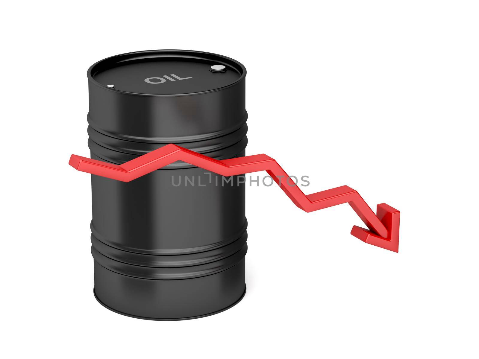 Oil price decrease, concept image with red arrow and oil drum