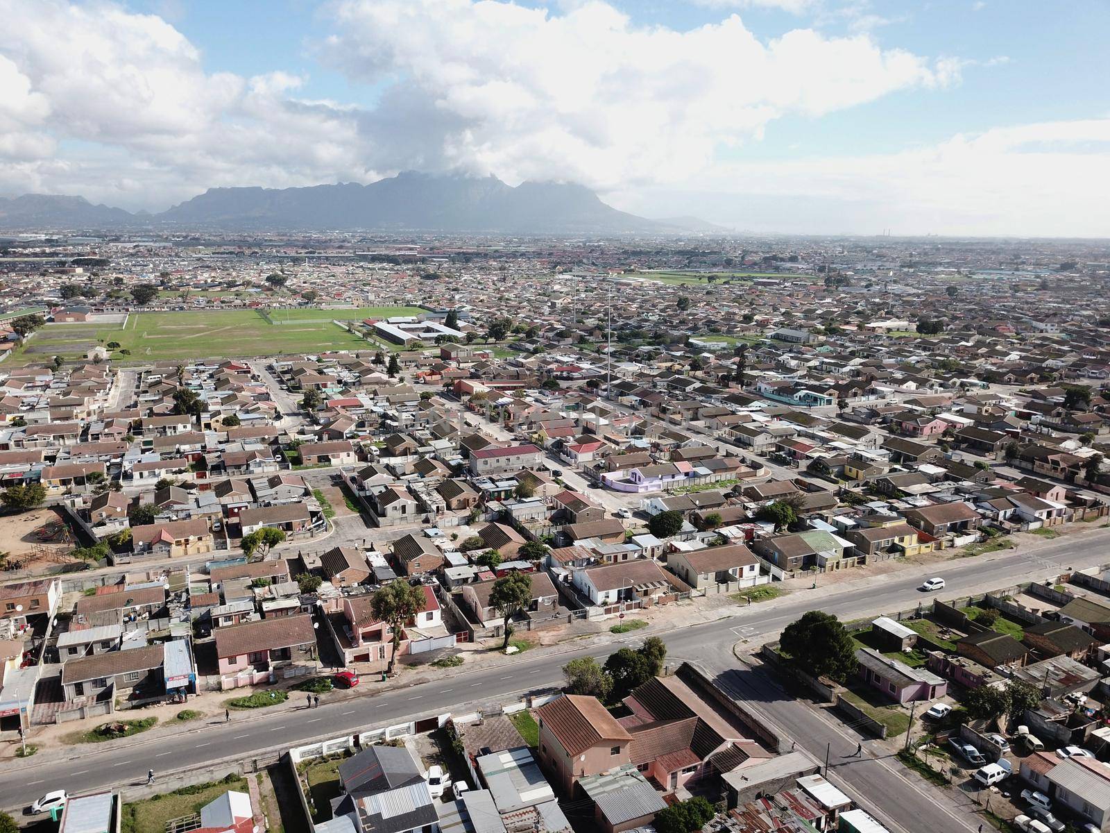 Aerial view across Langa township, Cape Town by fivepointsix