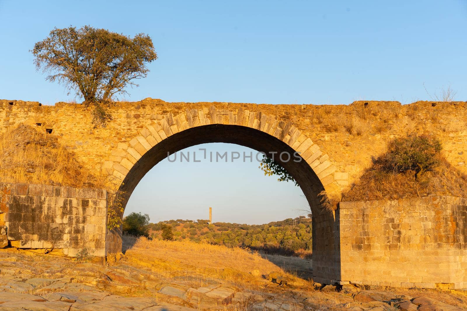 Destroyed abandoned Ajuda bridge crossing the Guadiana river between Spain and Portugal