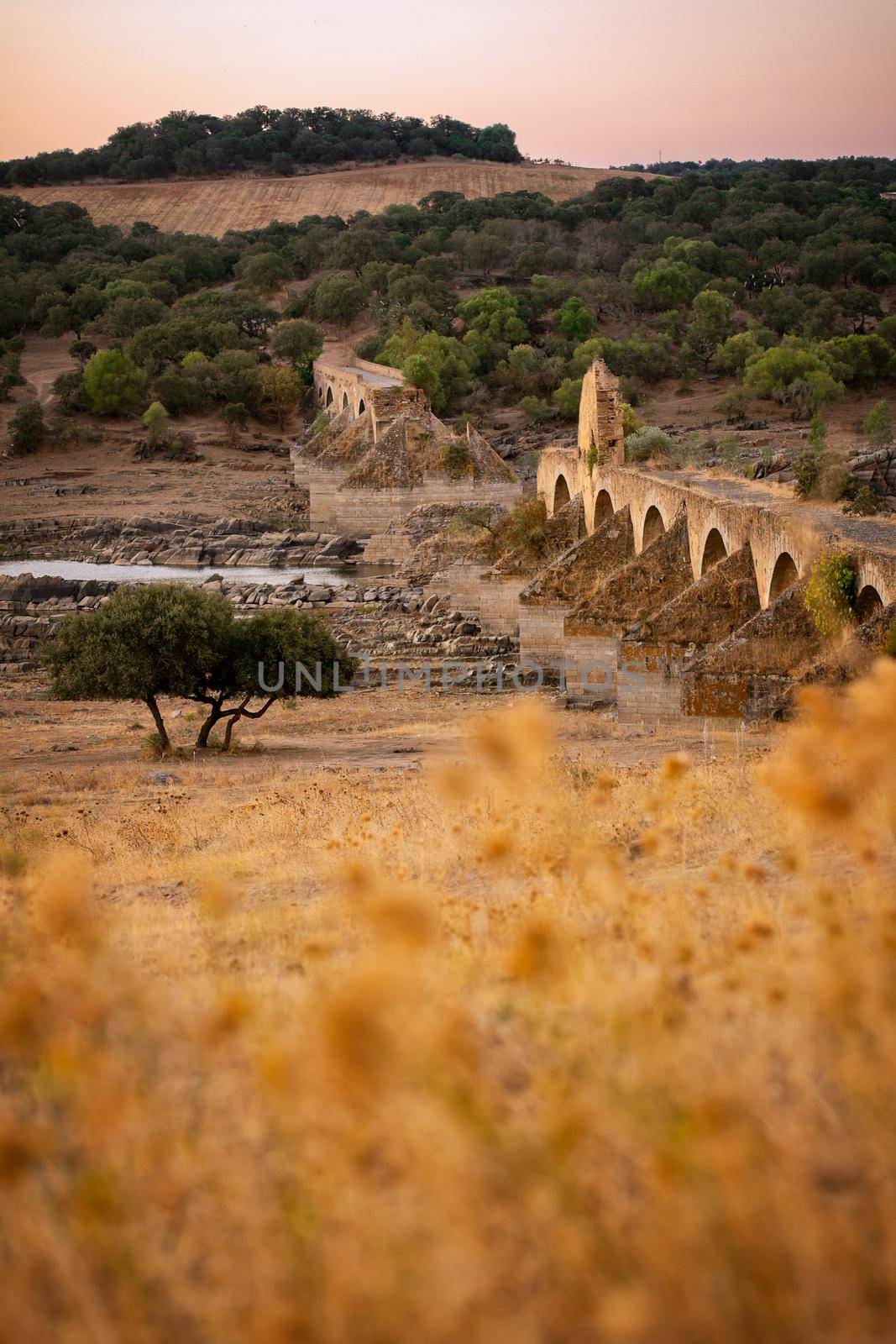 Destroyed abandoned Ajuda bridge crossing the Guadiana river between Spain and Portugal