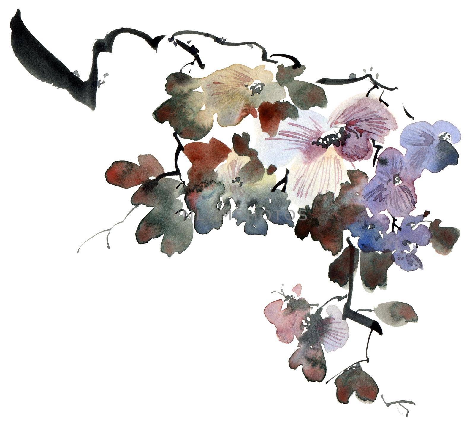 Watercolor and ink illustration of tree branch in bloom - blue flowers, buds and leaves. Oriental traditional painting in style sumi-e, u-sin and gohua.