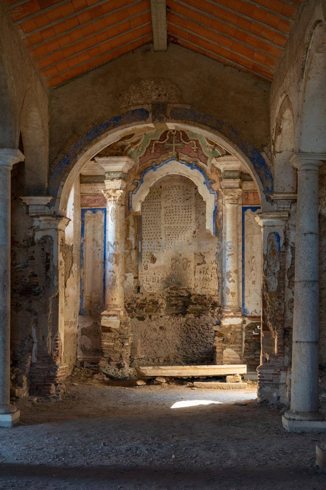 Juromenha abdandoned castle church interior in ruins in Alentejo, Portugal