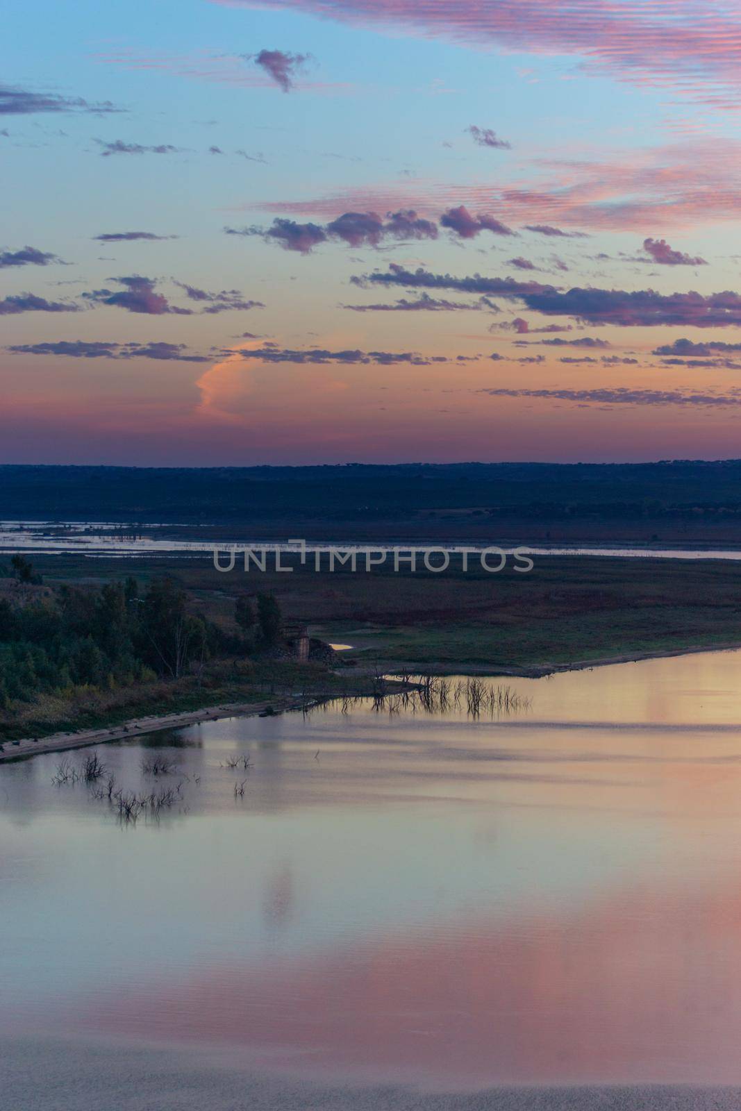 Guadiana view of the border between Portugal and Spain in Juromenha beautiful Alentejo landscape at sunset, in Portugal