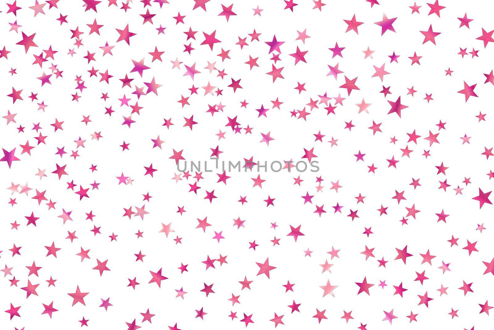 Stars pink glitter confetti isolated on blurred abstract white background. Festive holiday background. Celebration concept. Falling magic gold particles. Invitation mock up. Top view, flat lay