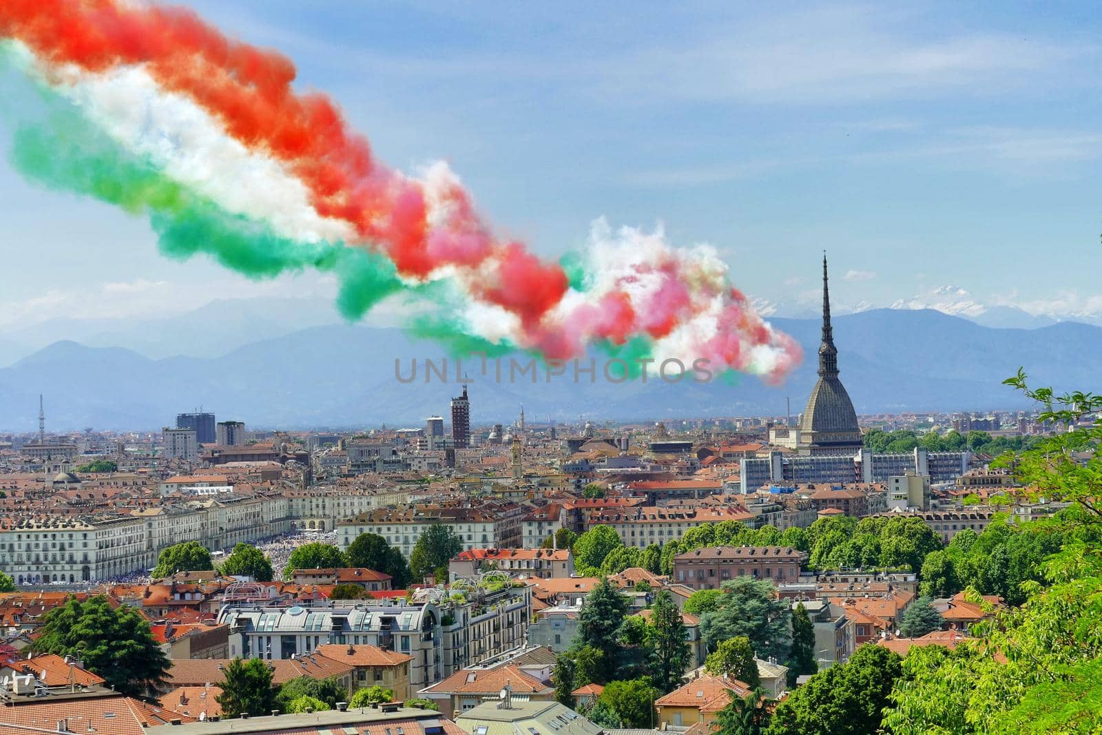 Acrobatic squad "Frecce Tricolori" flying over the city Turin Italy May 25 2020 by lemar