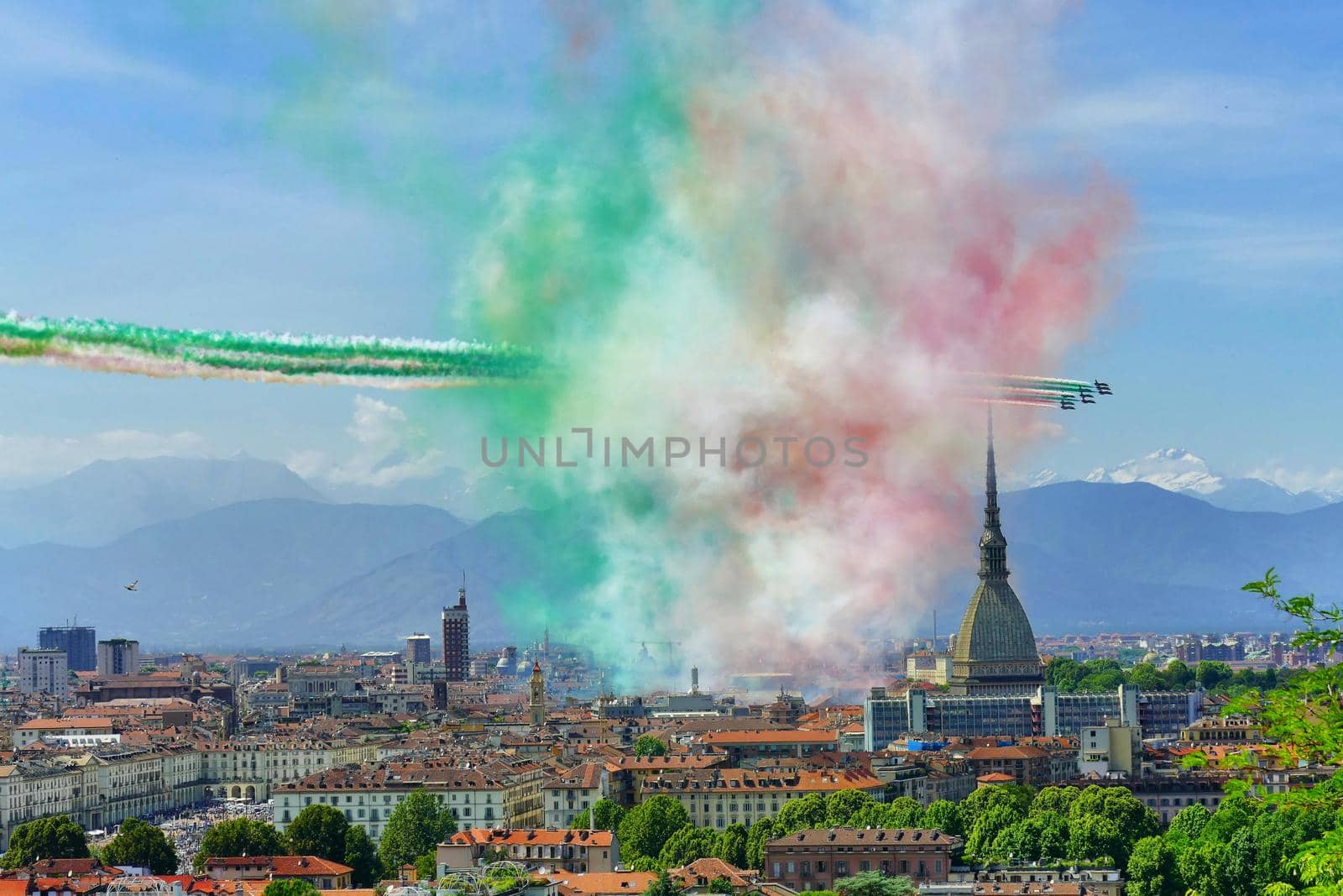 Acrobatic squad "Frecce Tricolori" flying over the city Turin Italy May 25 2020 by lemar