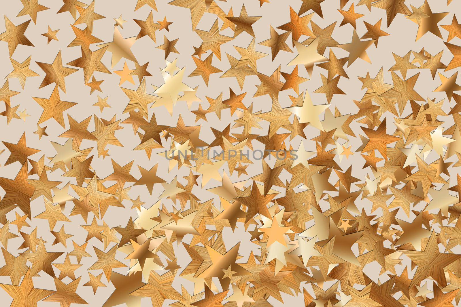 Stars golden glitter confetti isolated on blurred abstract beige background. Festive holiday background. Celebration concept. Falling magic gold particles. Invitation mock up. Top view, flat lay.