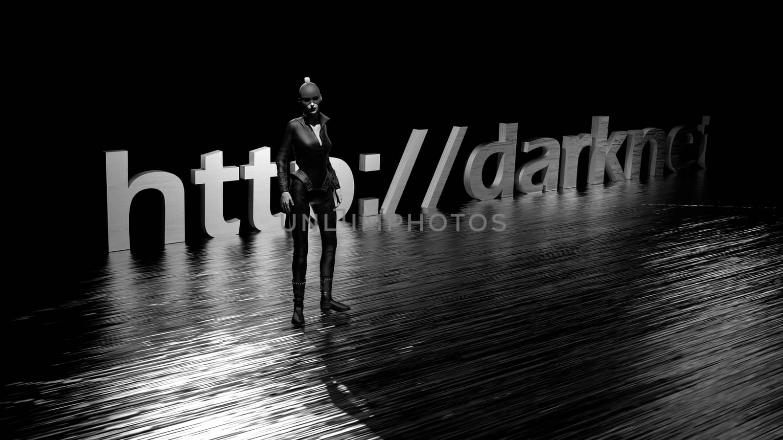 Darknet text word on dark background and a woman in black 3d rendering