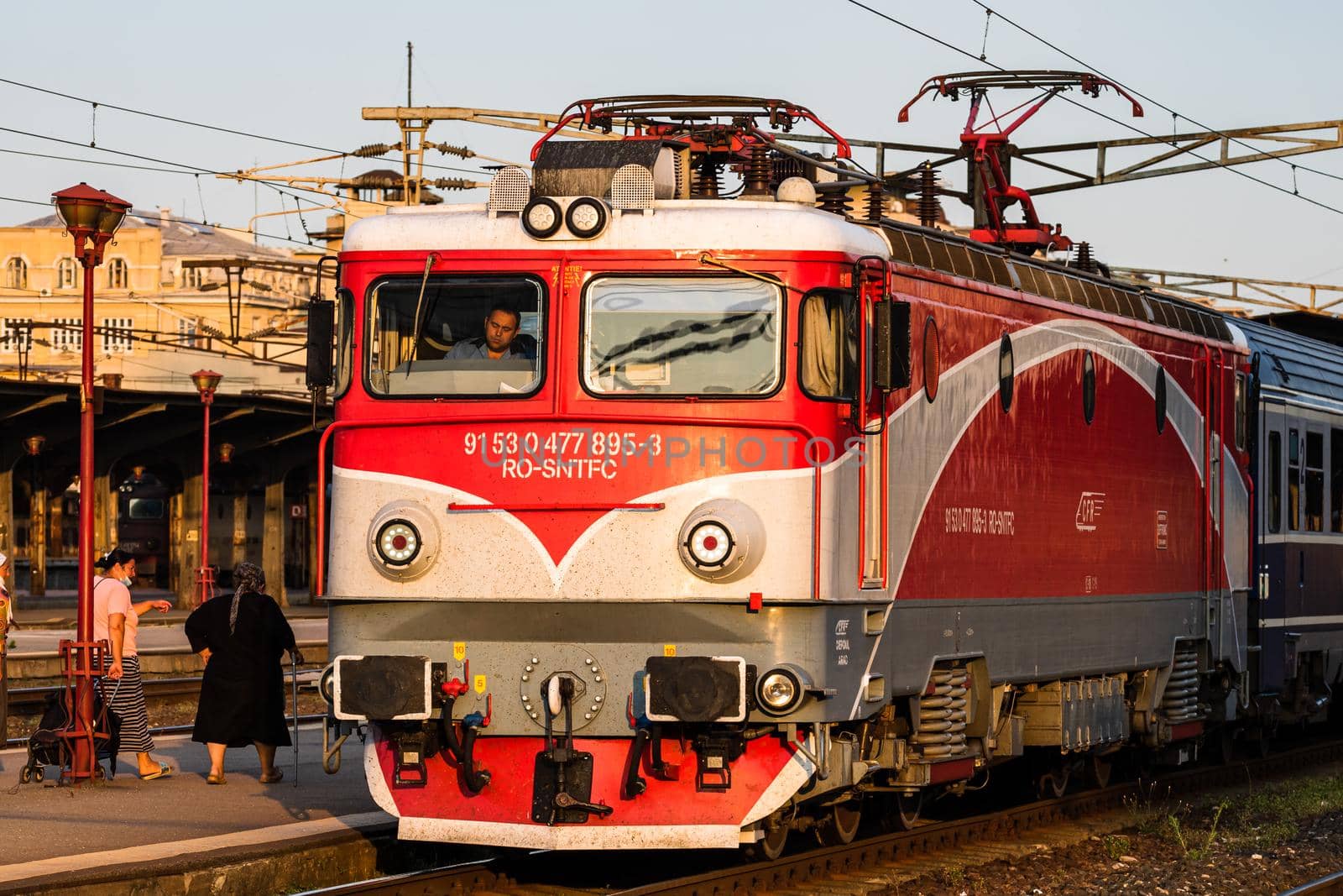 Detail of train in motion at train platform at Bucharest North Railway Station (Gara de Nord Bucharest) in Bucharest, Romania, 2020