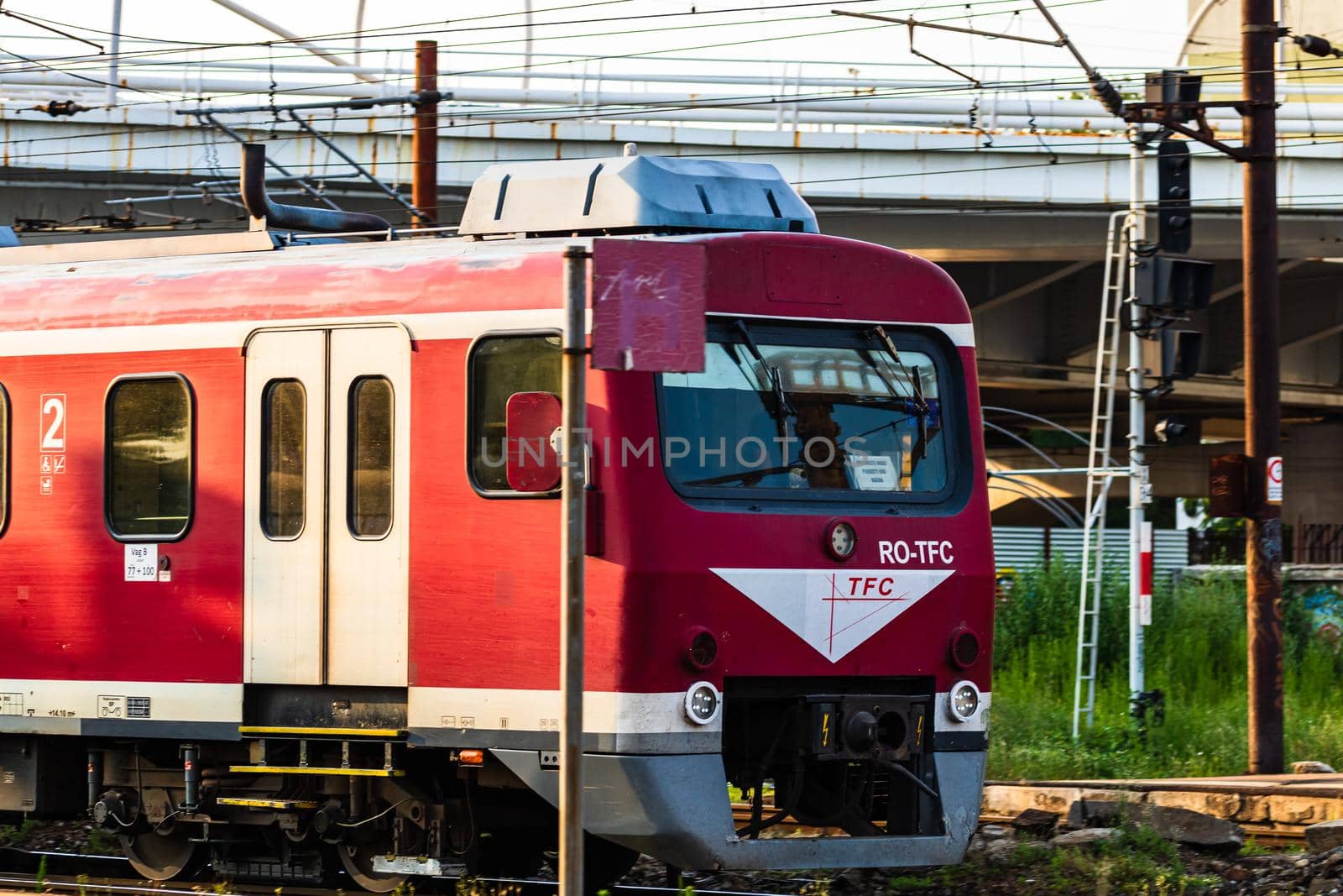 Detail of train in motion at train platform at Bucharest North Railway Station (Gara de Nord Bucharest) in Bucharest, Romania, 2020 by vladispas