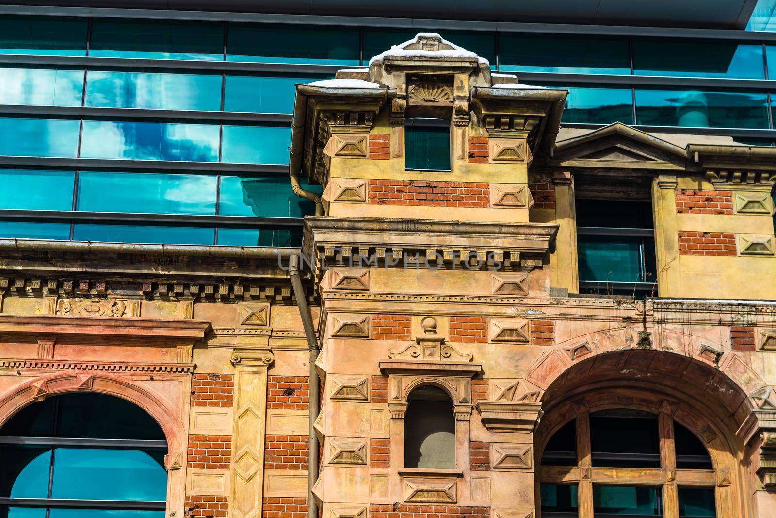 Detail view of the modern building of the Union of Romanian Architects in downtown Bucharest, Romania, 2020