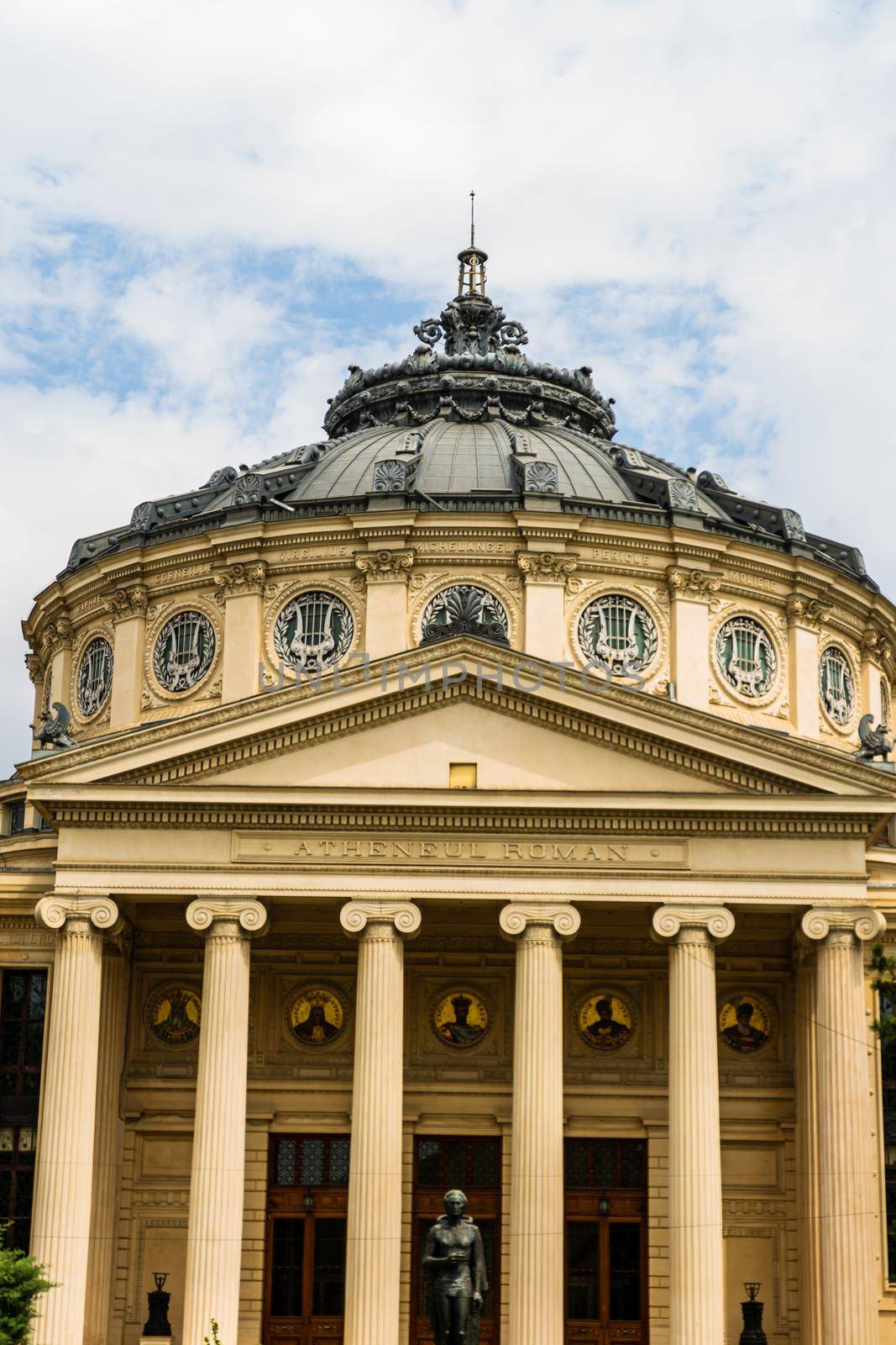 Detail view over the Romanian Athenaeum or Ateneul Roman, in the center of Bucharest capital of Romania