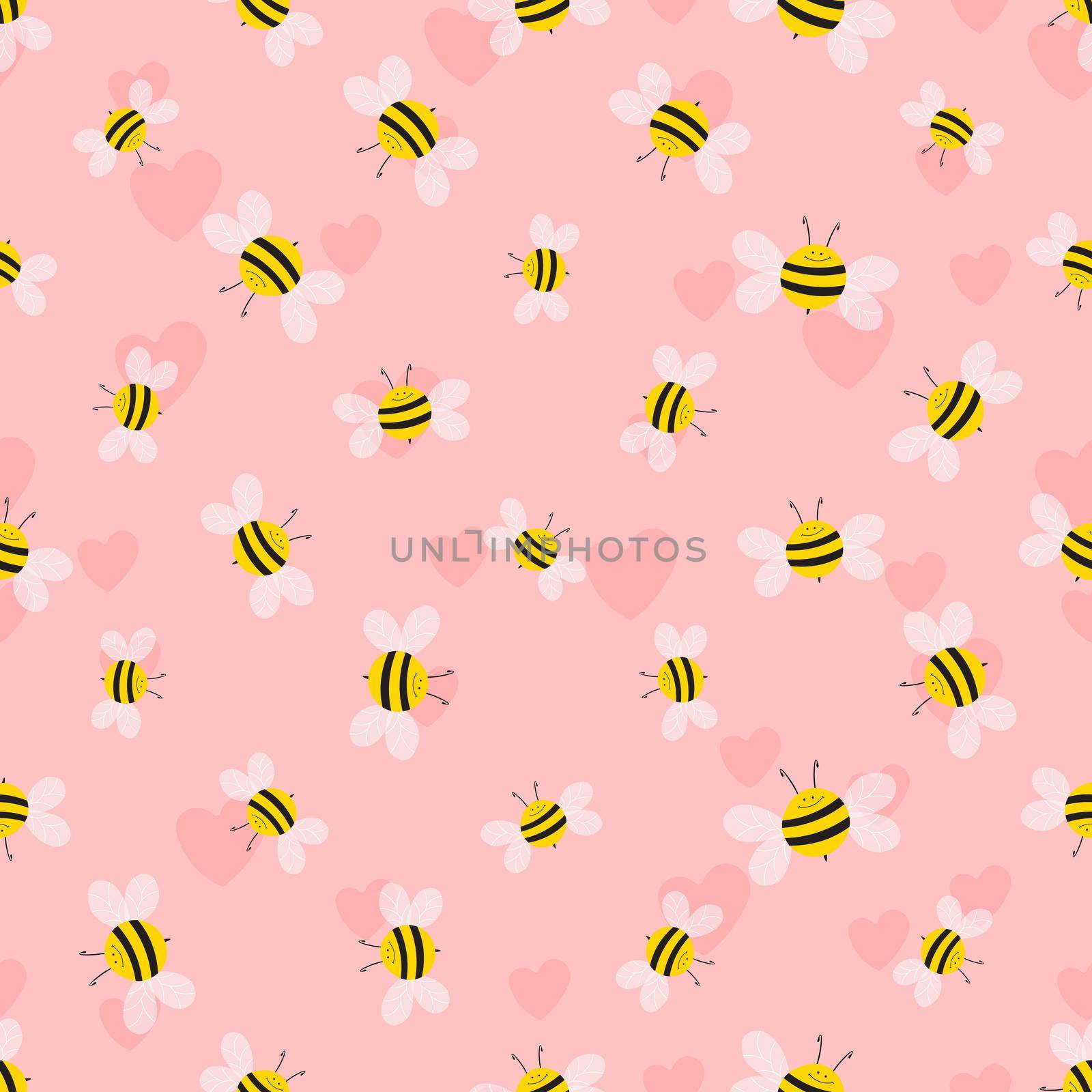 Seamless pattern with bees and hearts on color background. Small wasp. Vector illustration. Adorable cartoon character. Template design for invitation, cards, textile, fabric. Doodle style