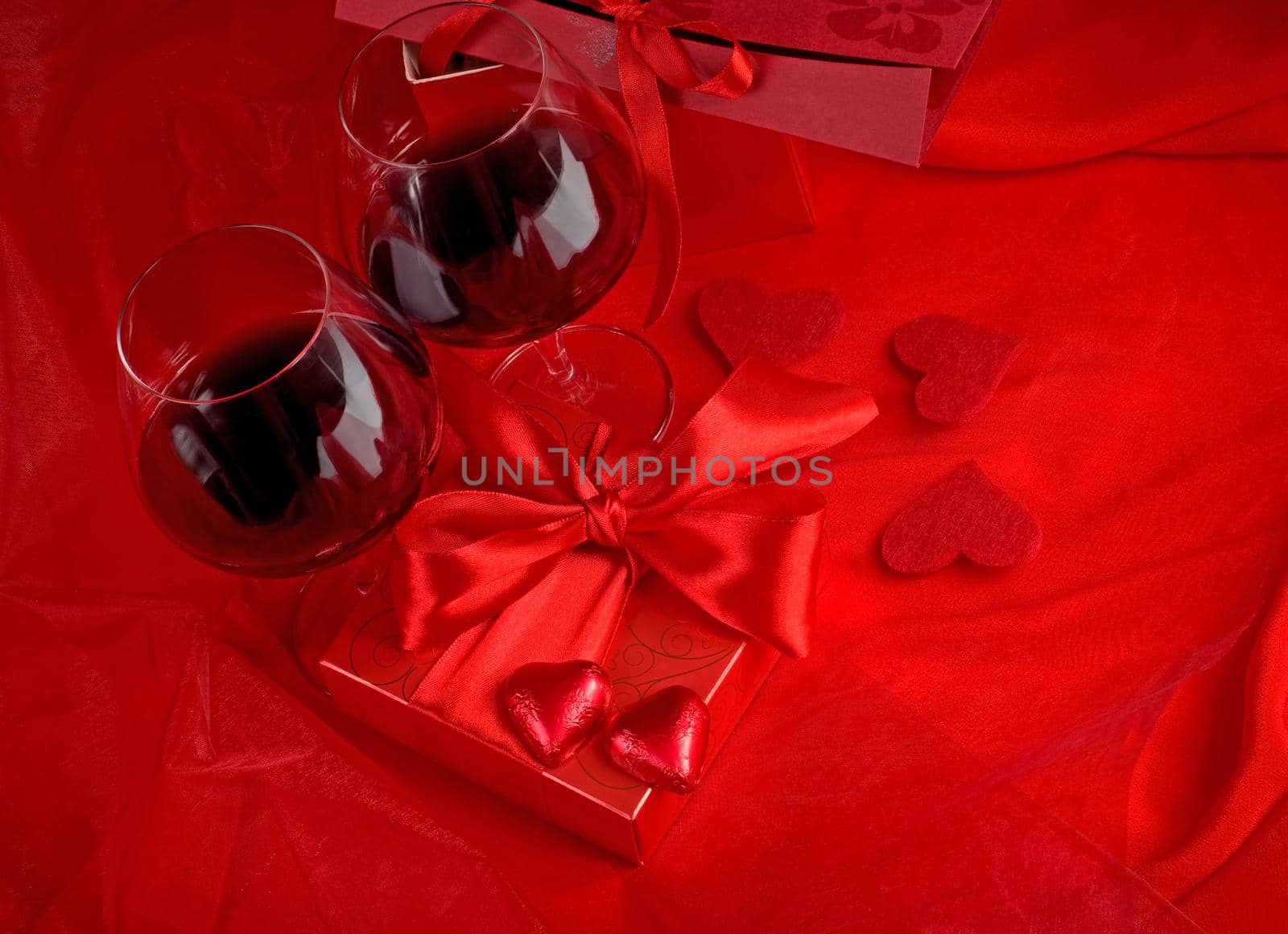 Valentine's day concept, gift box , with flower, ine glass, with candle