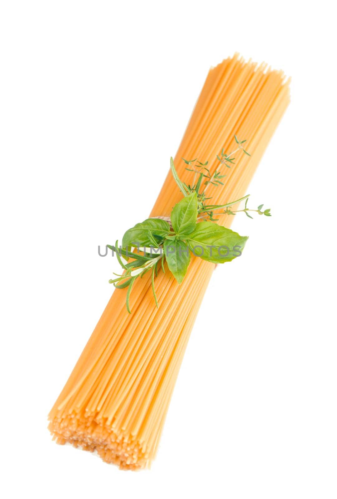 Spaghetti and basil isolated on white background. by aprilphoto